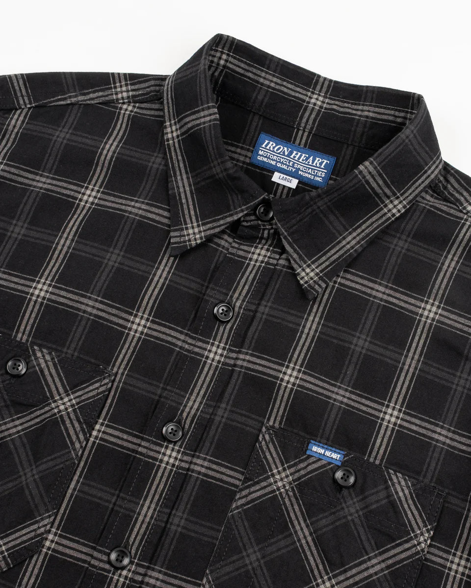 Iron Heart IHSH-419-BLK 5oz Selvedge Short Sleeved Madras Check Work Shirt - Black
