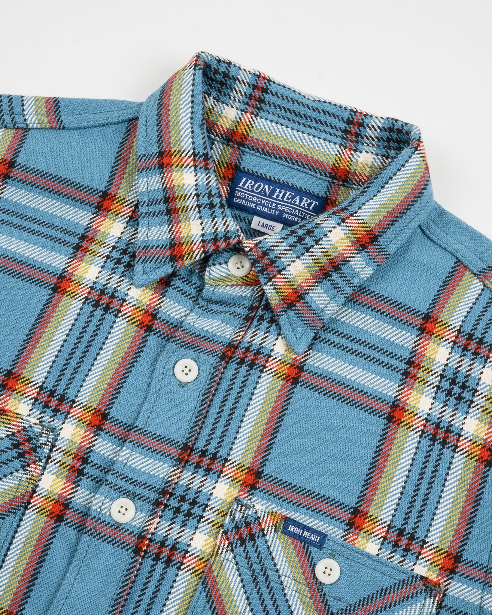 Iron Heart IHSH-442-SAX 9oz Selvedge Flannel Check Work Shirt - Sax Blue