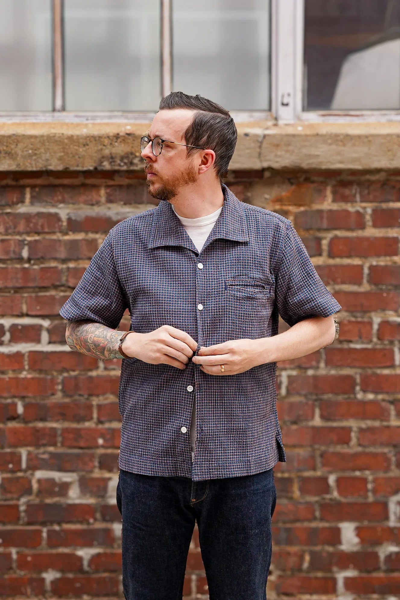 Freenote Cloth Cayucos Shirt - Navy Plaid Seersucker