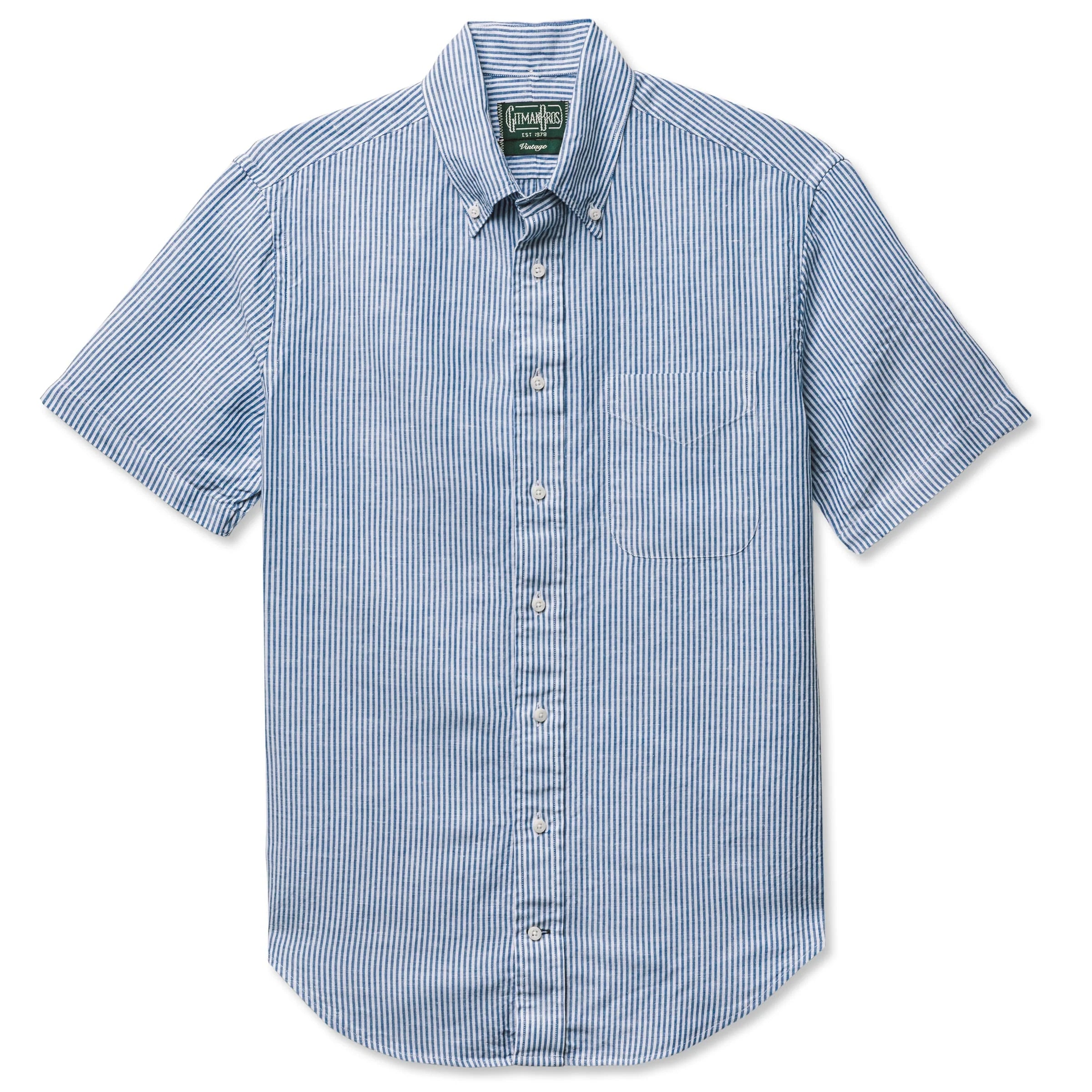 Gitman Vintage Linen Oxford Short Sleeve Shirt - Blue Stripe