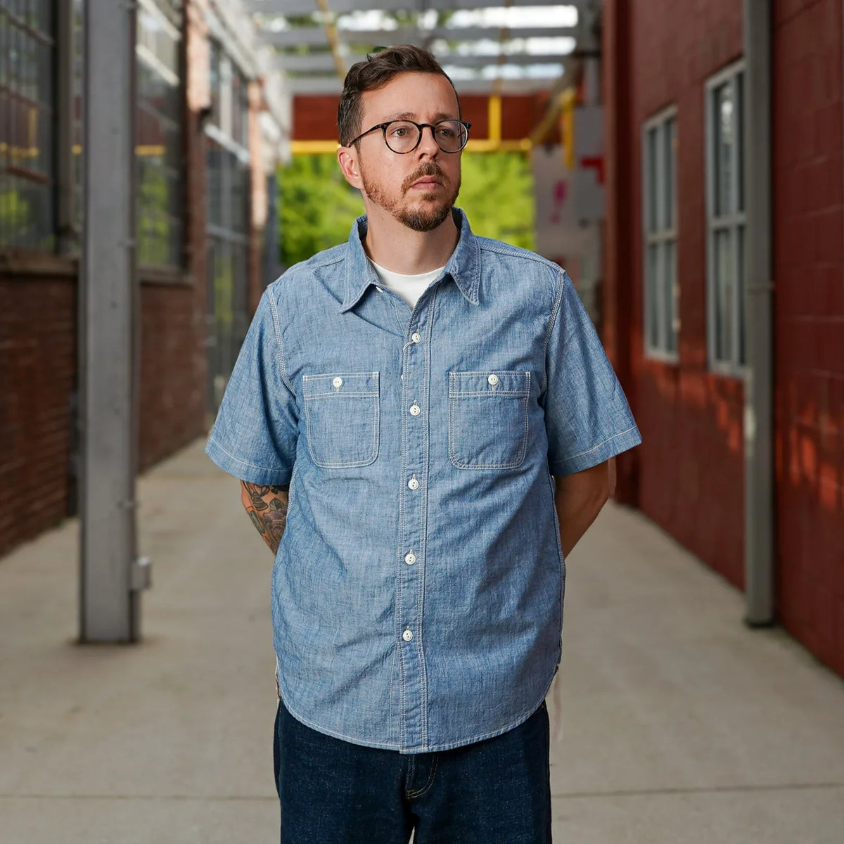 The Flat Head FN-SCK-010S Short Sleeved Chambray Work Shirt - Blue 