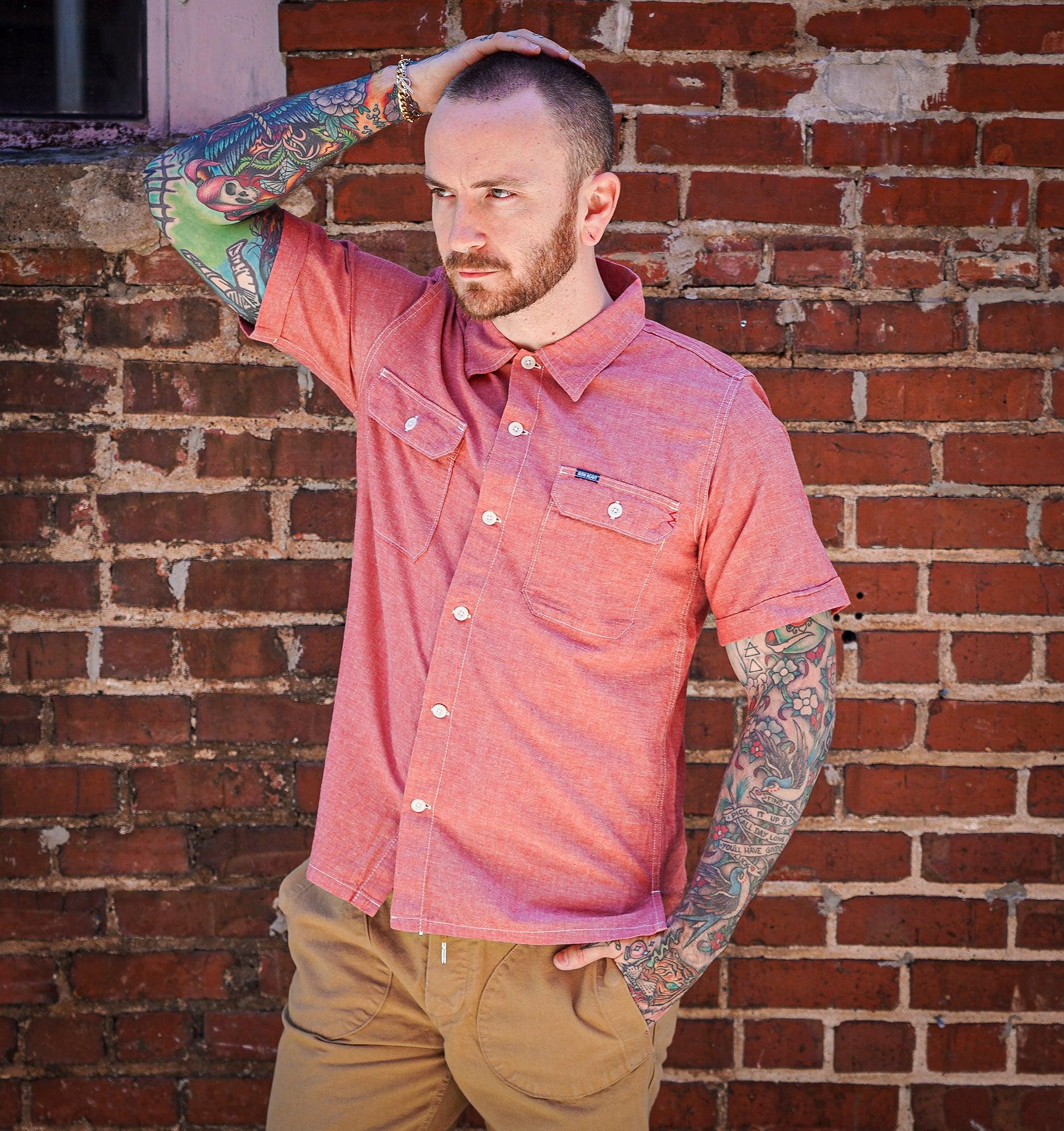 Iron Heart IHSH-388-RED 4oz Selvedge Short Sleeved Summer Shirt - Red