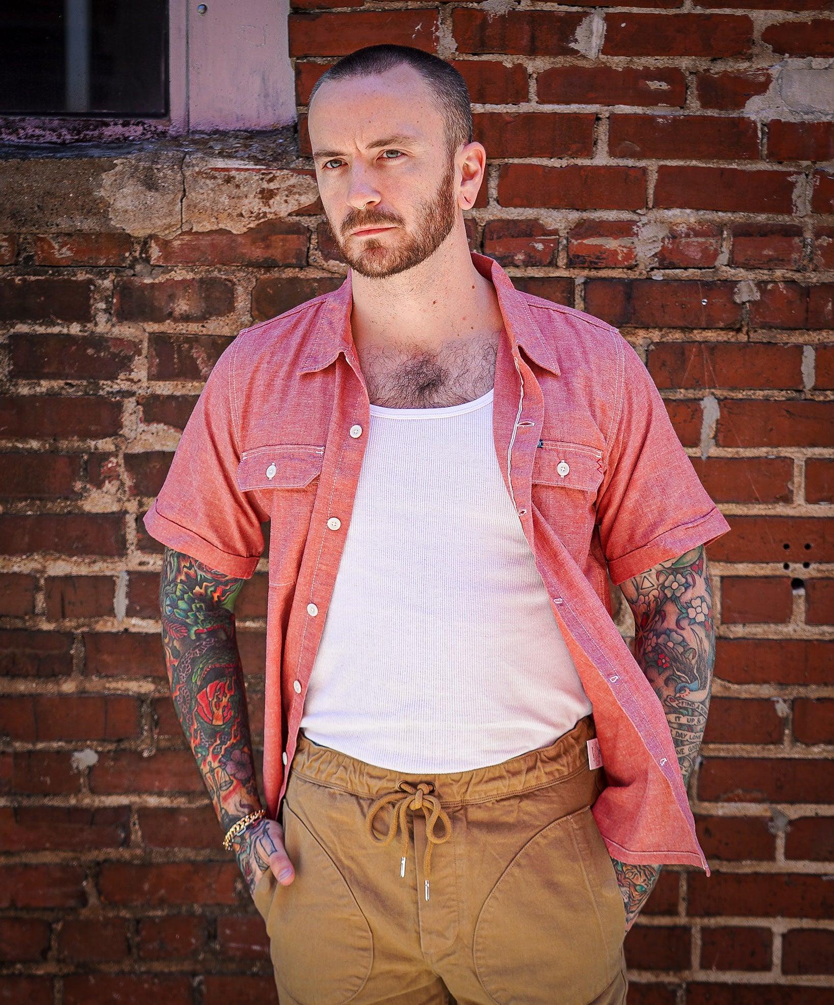 Iron Heart IHSH-388-RED 4oz Selvedge Short Sleeved Summer Shirt - Red