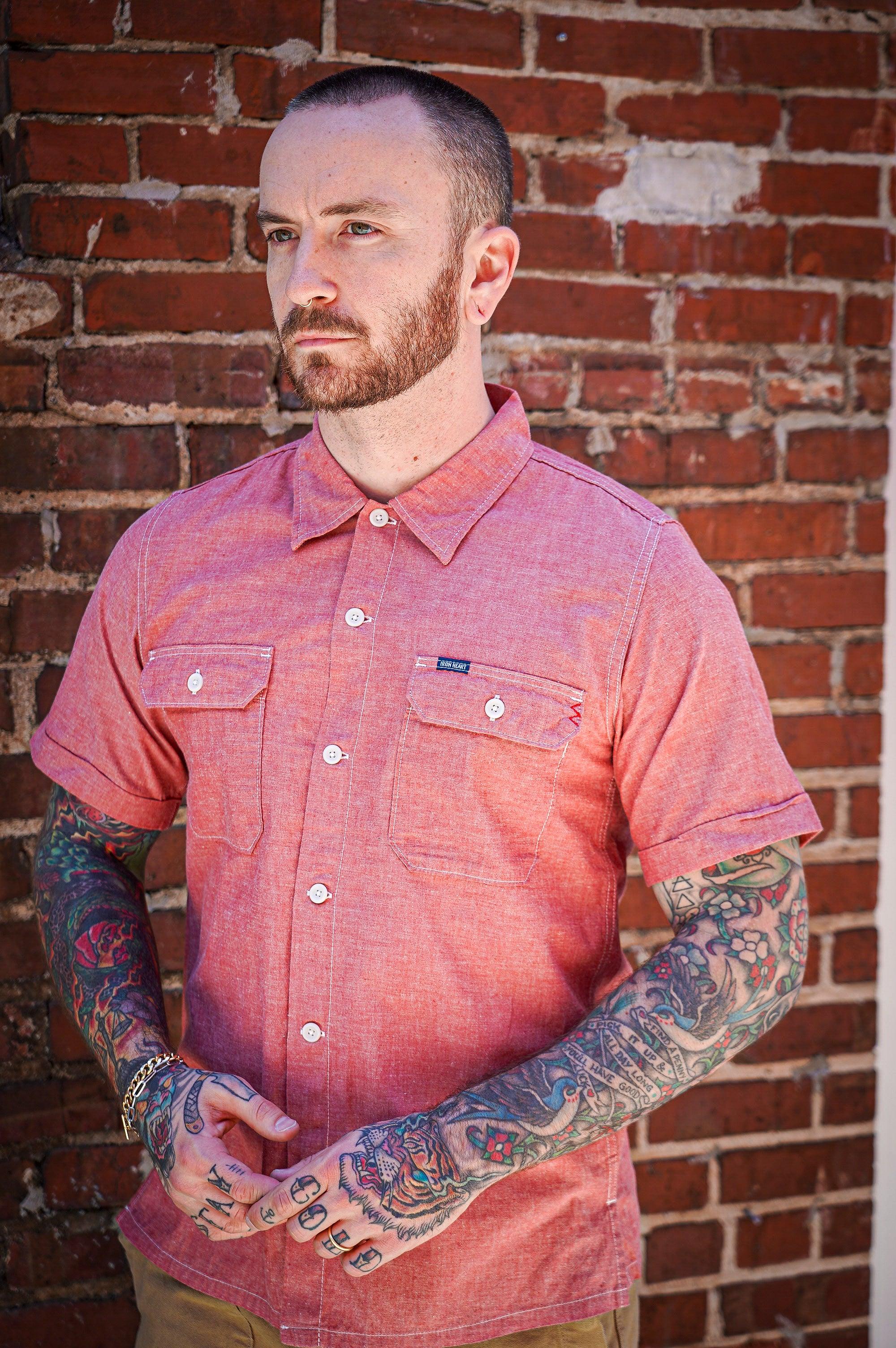 Iron Heart IHSH-388-RED 4oz Selvedge Short Sleeved Summer Shirt - Red