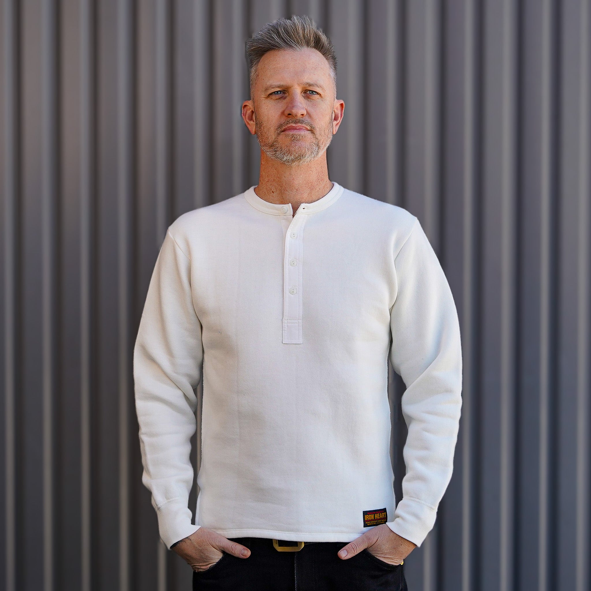Iron Heart IHTL-2401-WHT 11oz Henley Long Sleeved Sweater - White