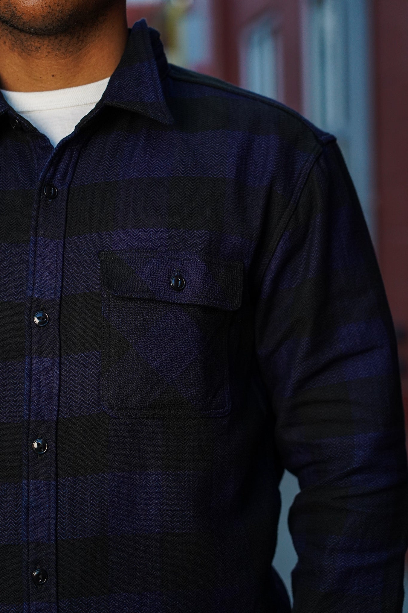 The Flat Head FN-SNR-101LSP Block Check Flannel Work Shirt - Indigo