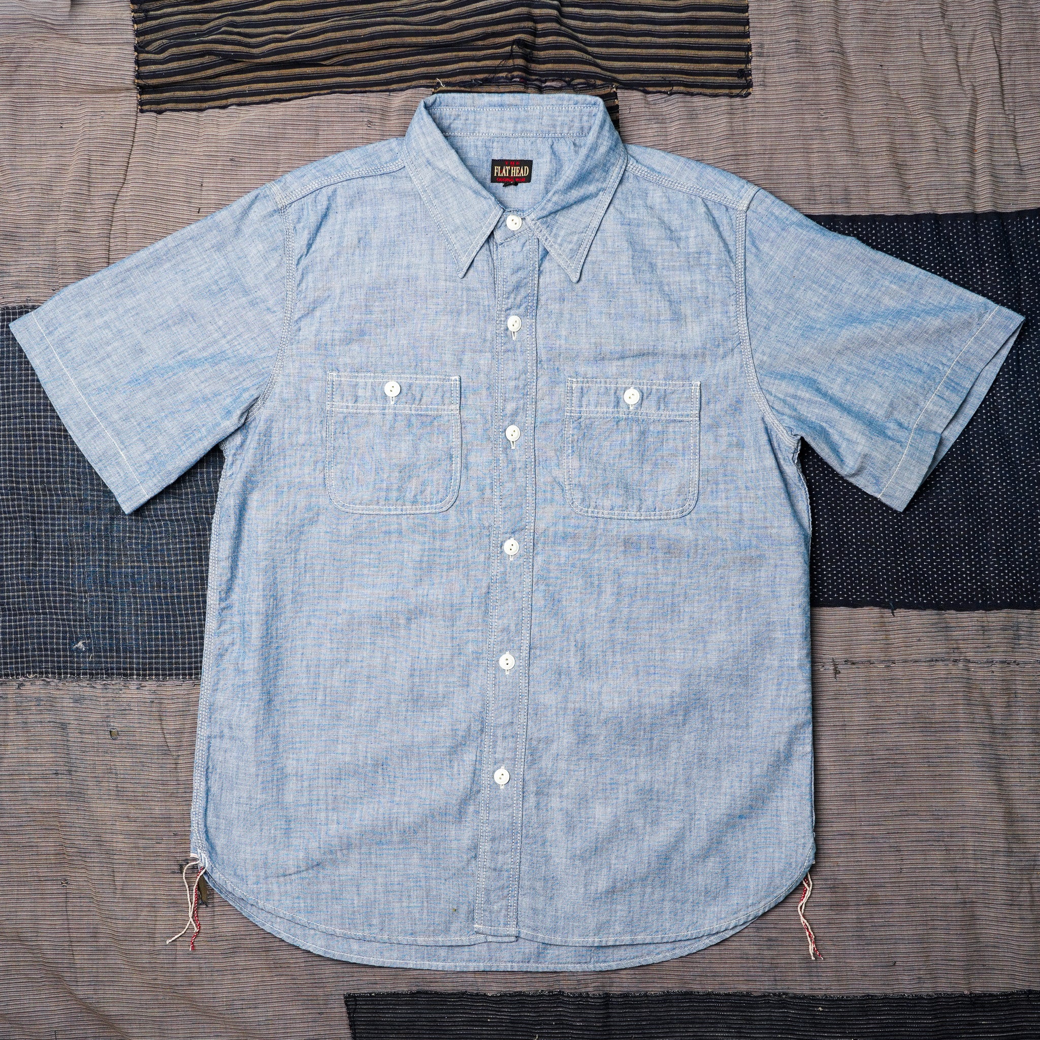 The Flat Head FN-SCK-010S Short Sleeved Chambray Work Shirt - Blue