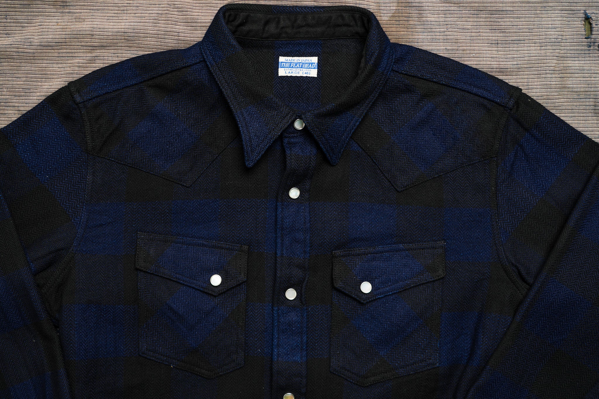The Flat Head FN-SNW-101LSP Block Check Flannel Western Shirt - Indigo