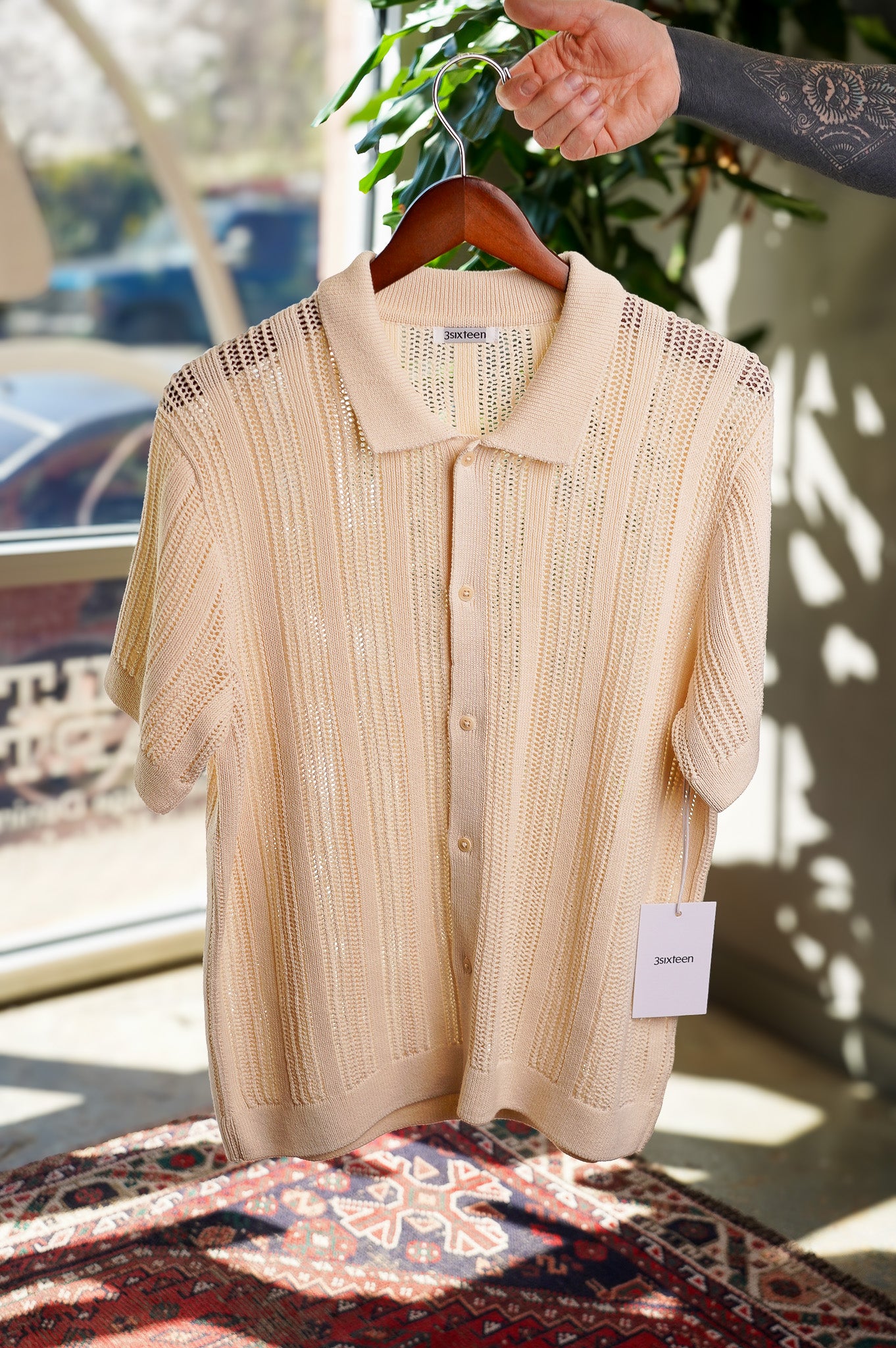 3sixteen Short Sleeve Knit Shirt - Ecru Mesh Stripe