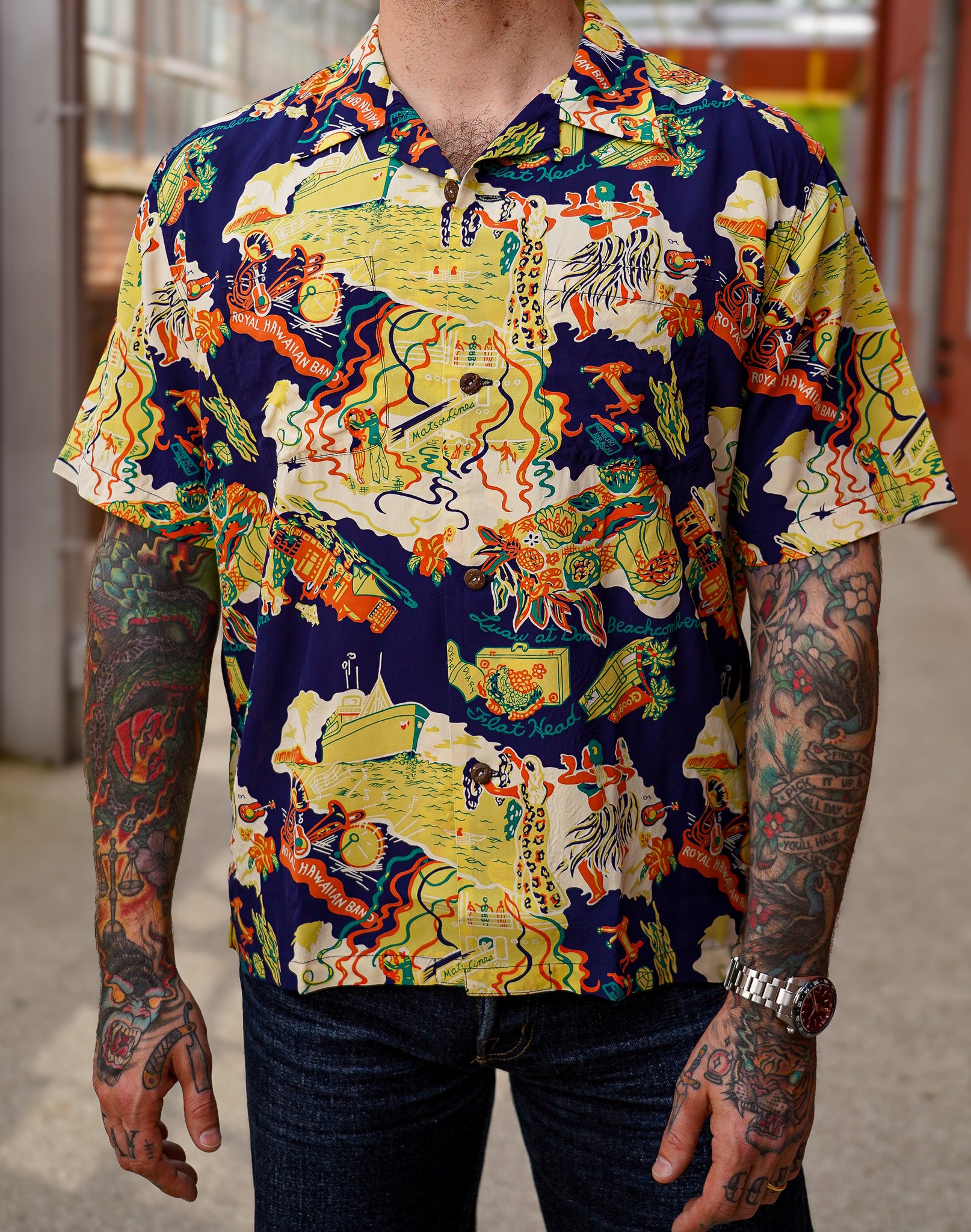 The Flat Head FN-SHO-010S Hawaiian Shirt Luxury Liner - Navy