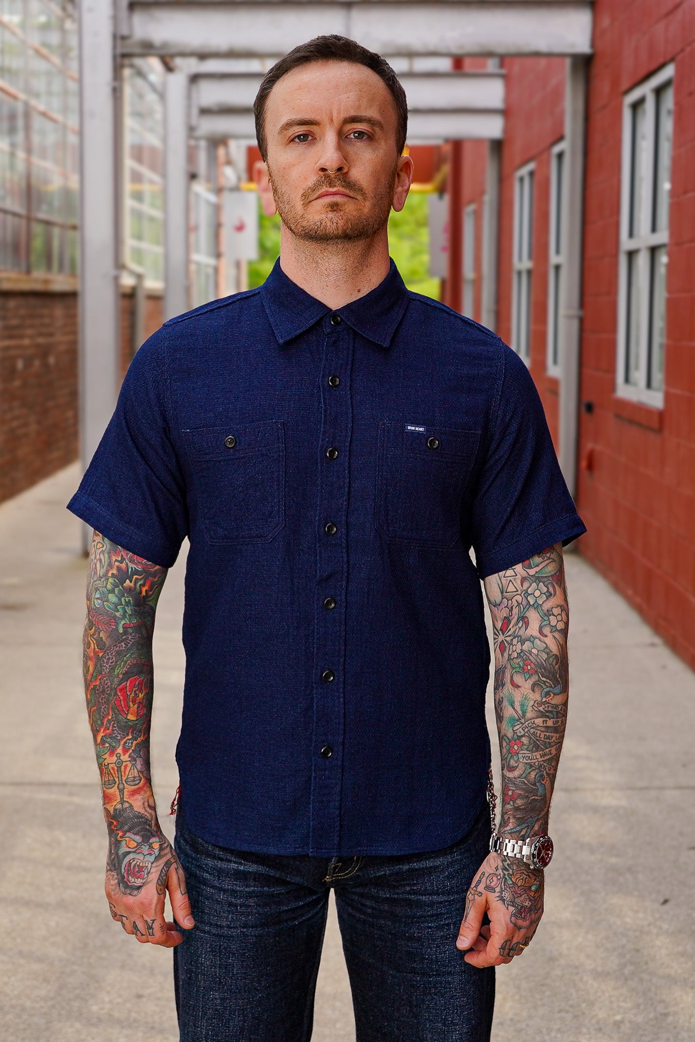 Iron Heart IHSH-417-IND 5oz Double Gauze Short Sleeved Work Shirt - Indigo