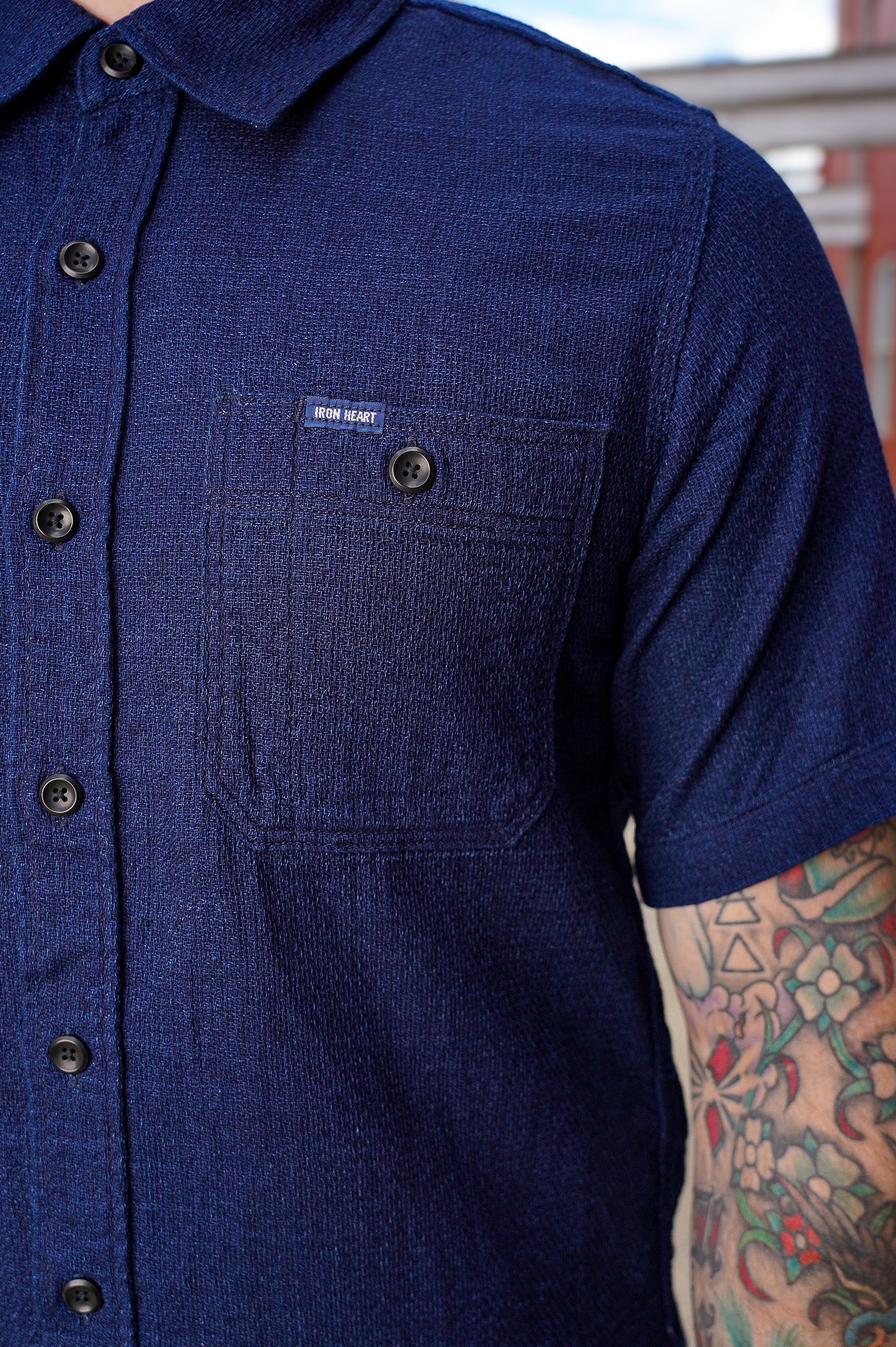 Iron Heart IHSH-417-IND 5oz Double Gauze Short Sleeved Work Shirt - Indigo