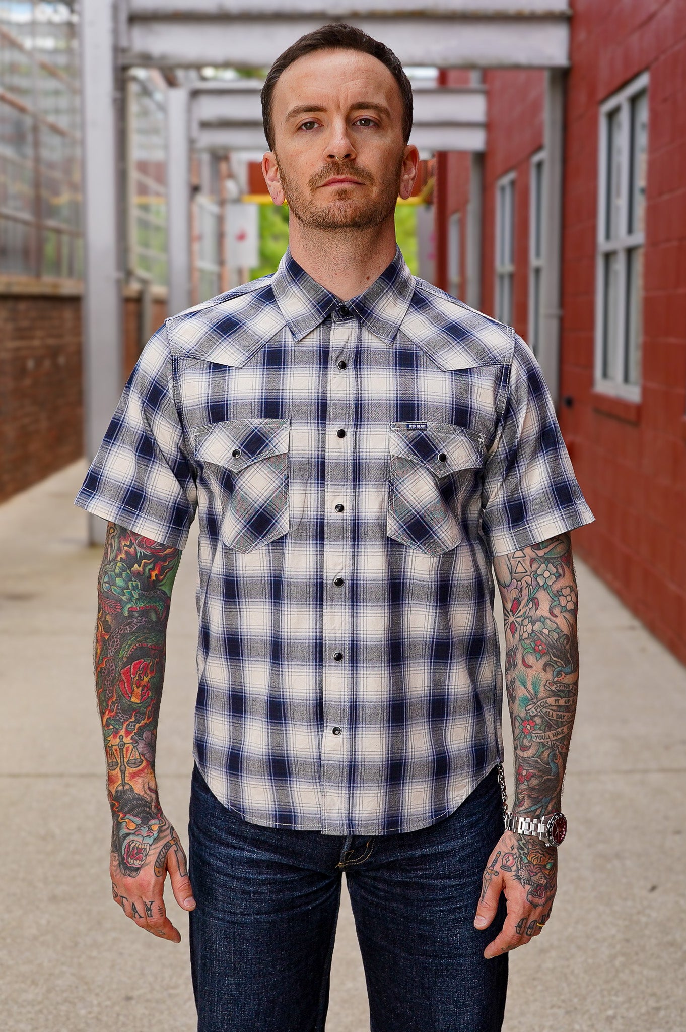 Iron Heart IHSH-418-BLU 5oz Selvedge Short Sleeved Madras Check Western Shirt - Blue