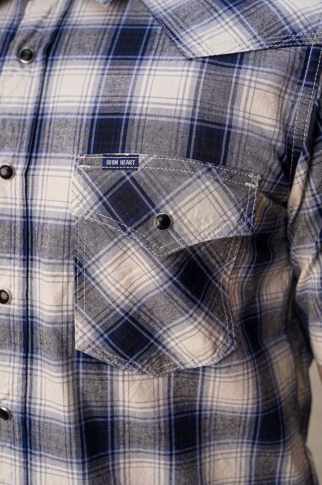 Iron Heart IHSH-418-BLU 5oz Selvedge Short Sleeved Madras Check Western Shirt - Blue