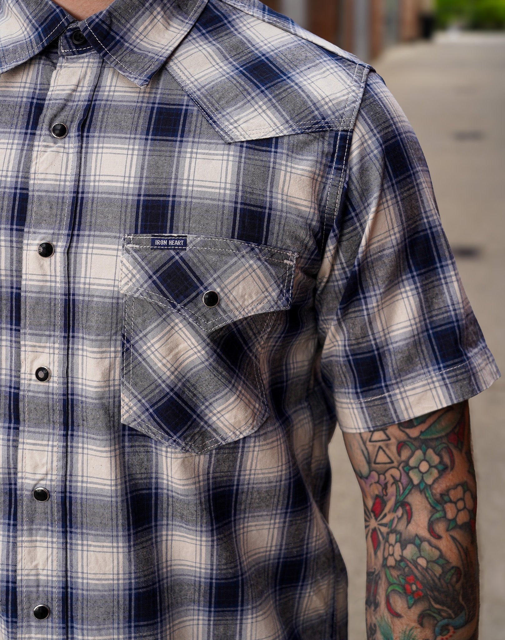 Iron Heart IHSH-418-BLU 5oz Selvedge Short Sleeved Madras Check Western Shirt - Blue