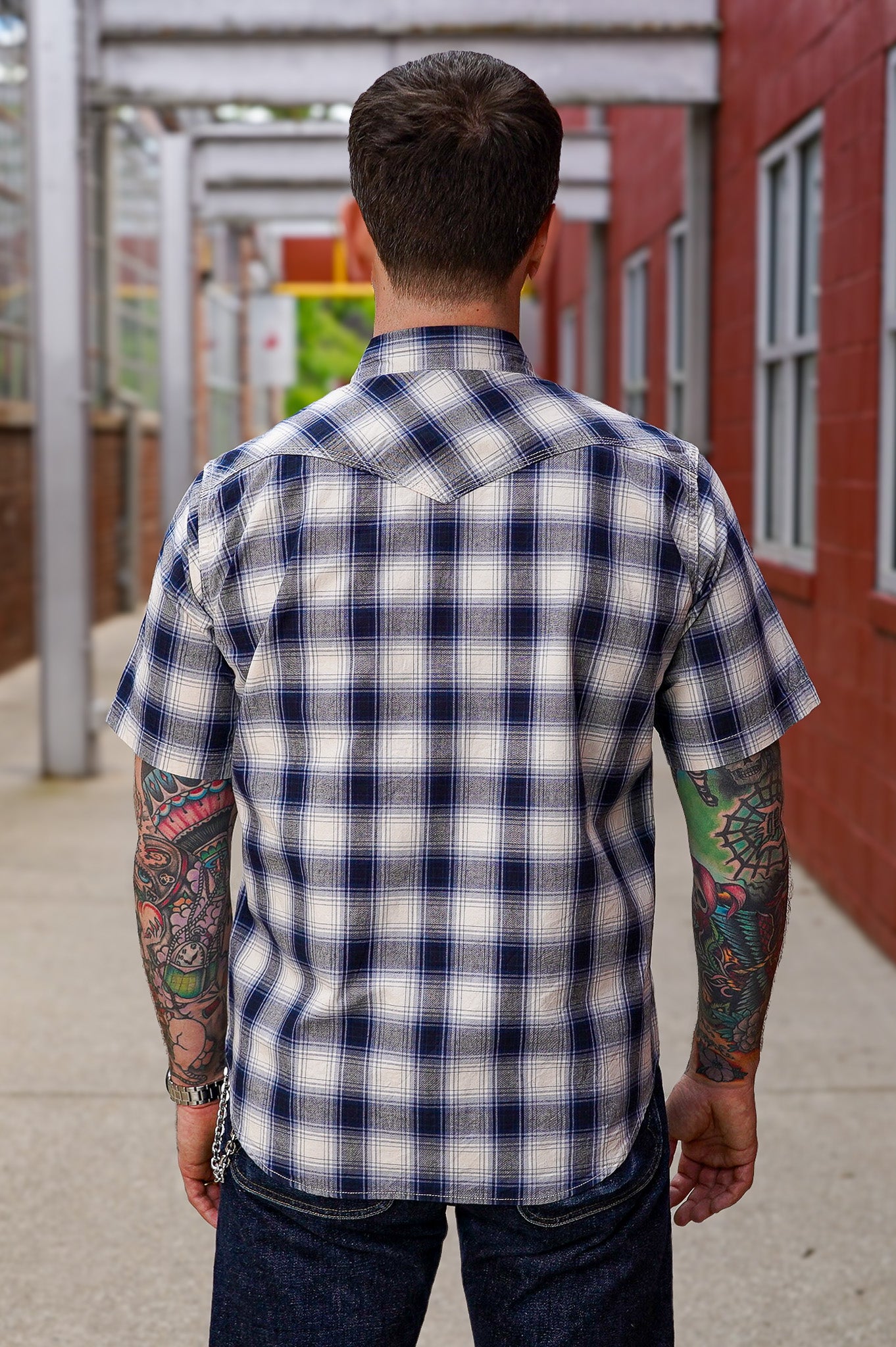 Iron Heart IHSH-418-BLU 5oz Selvedge Short Sleeved Madras Check Western Shirt - Blue