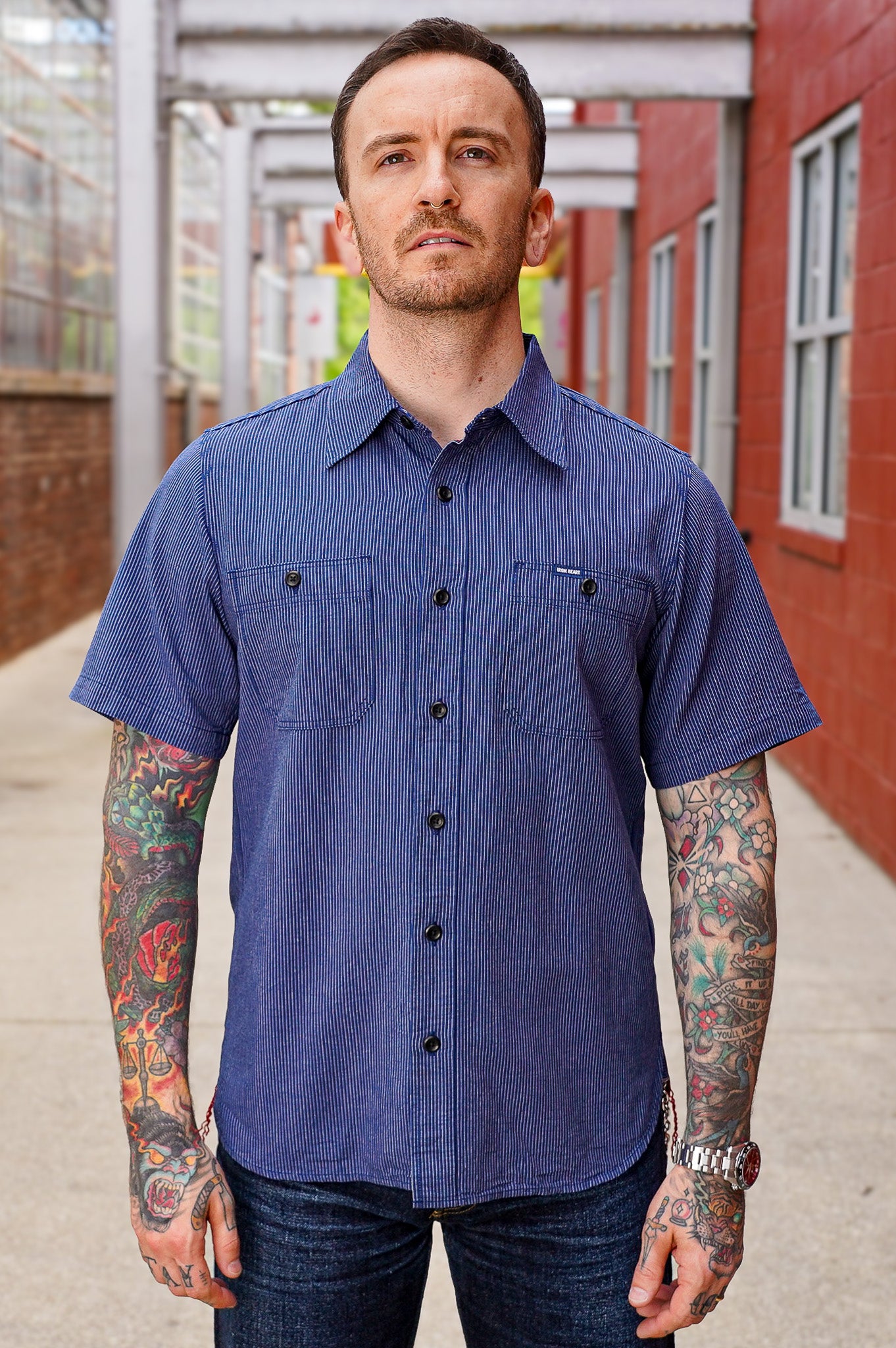 Iron Heart IHSH-420-PIN 5oz Selvedge Ox Cloth Short Sleeved Work Shirt - Pinstripe