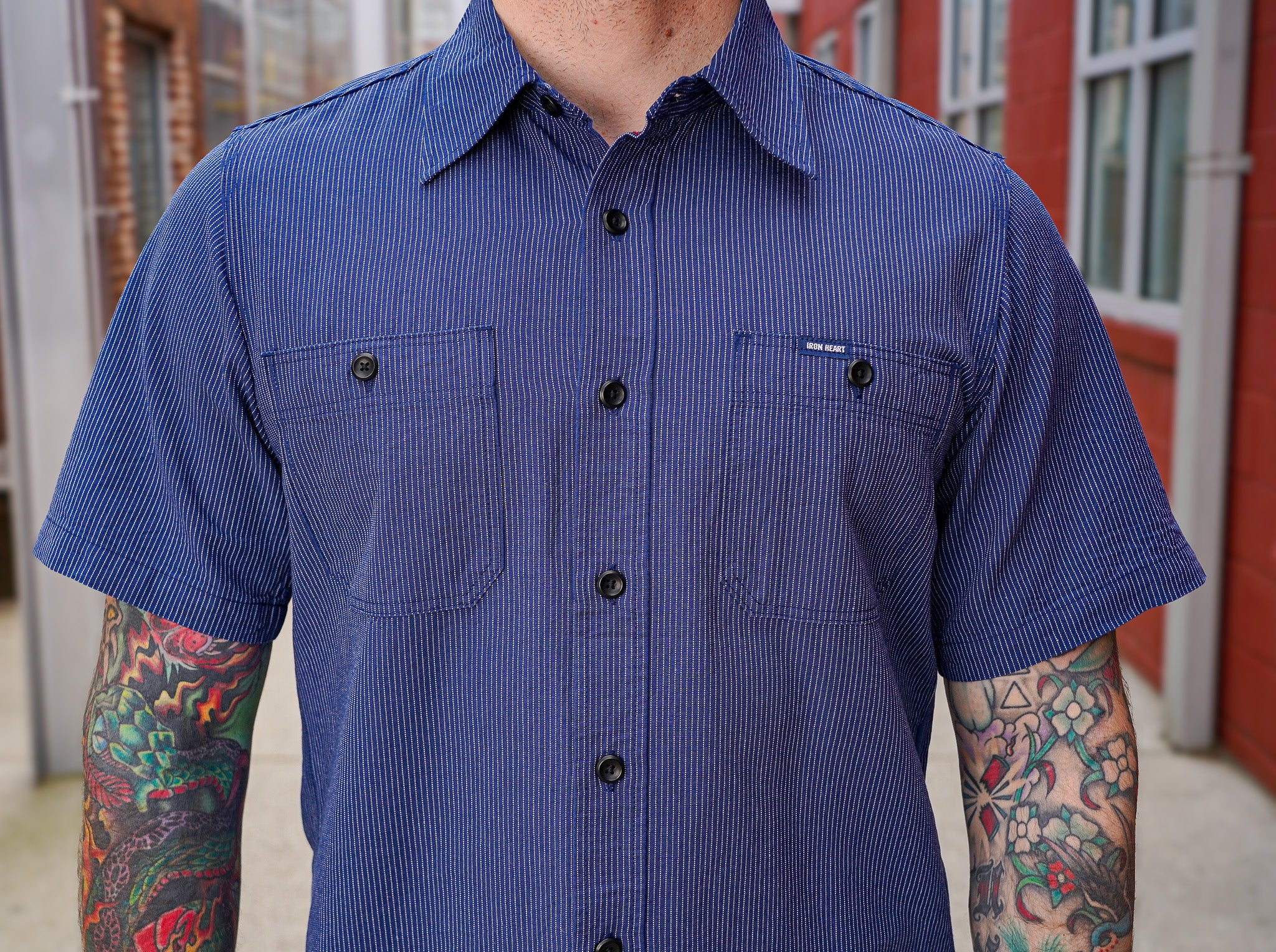 Iron Heart IHSH-420-PIN 5oz Selvedge Ox Cloth Short Sleeved Work Shirt - Pinstripe