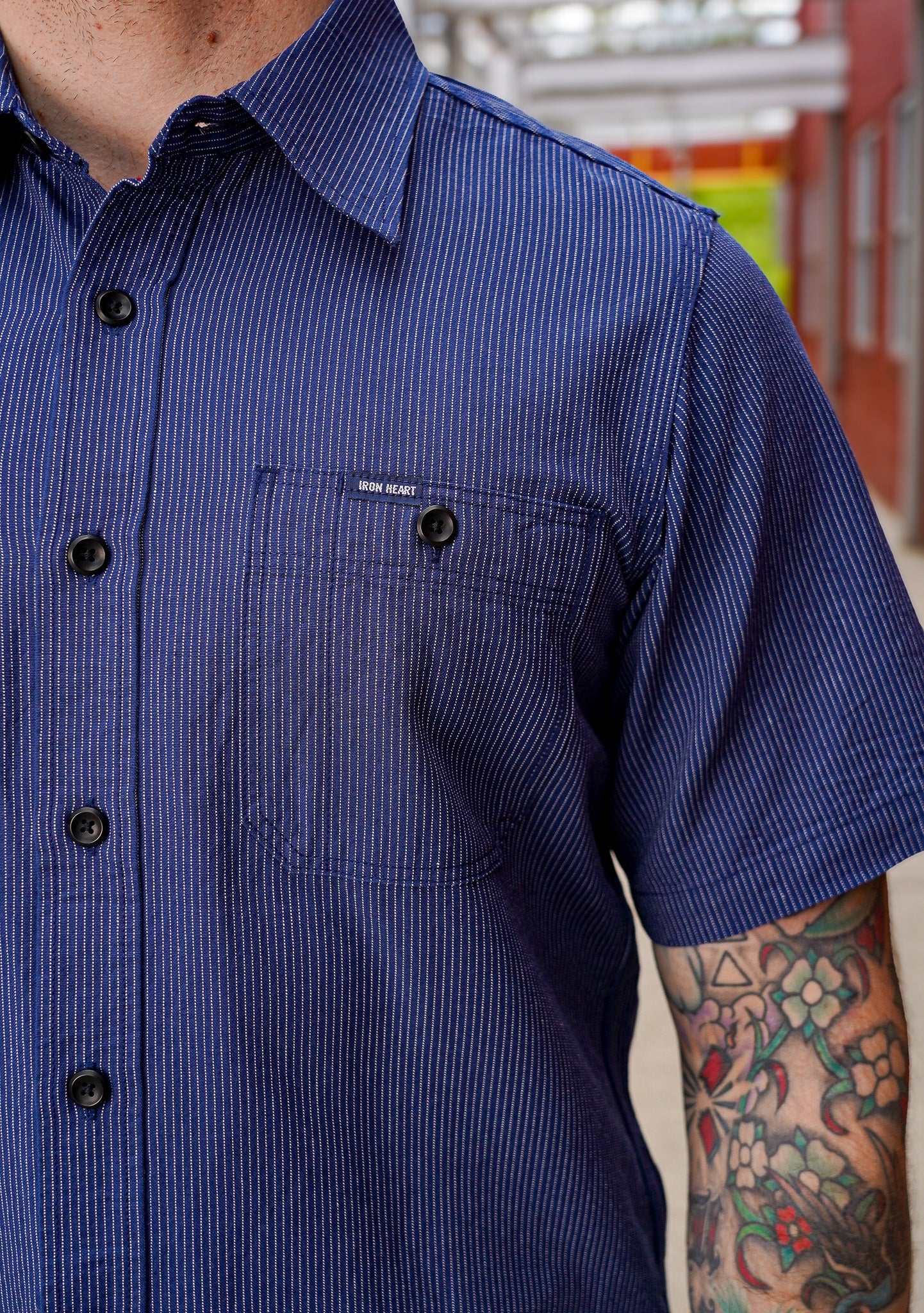 Iron Heart IHSH-420-PIN 5oz Selvedge Ox Cloth Short Sleeved Work Shirt - Pinstripe
