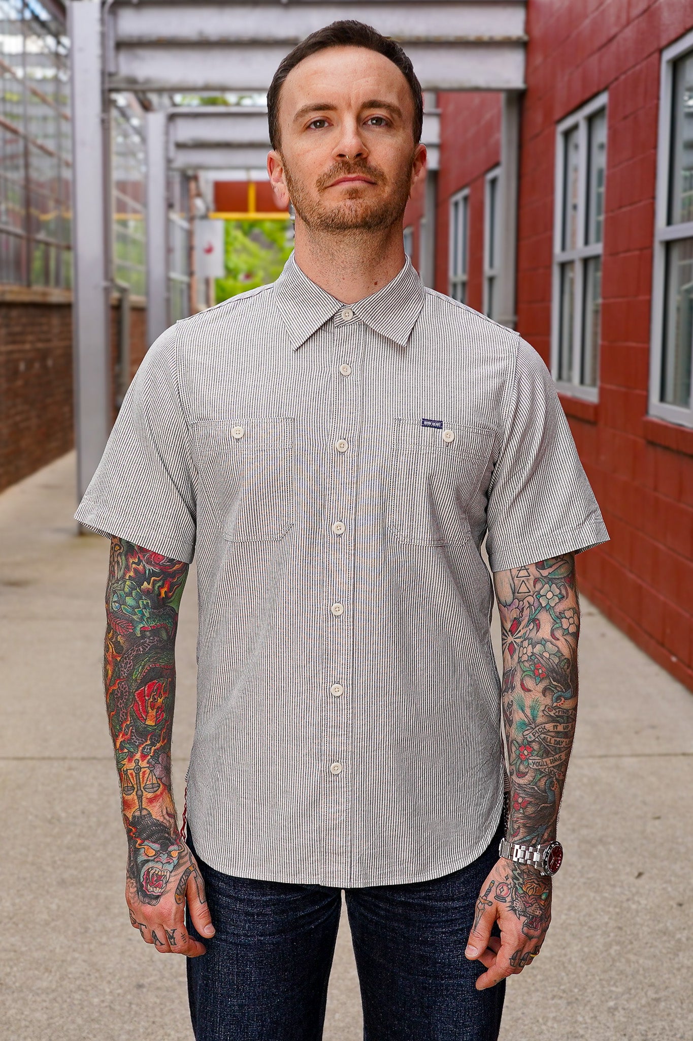 Iron Heart IHSH-420-HIC 5oz Selvedge Ox Cloth Short Sleeved Work Shirt - Hickory Stripe
