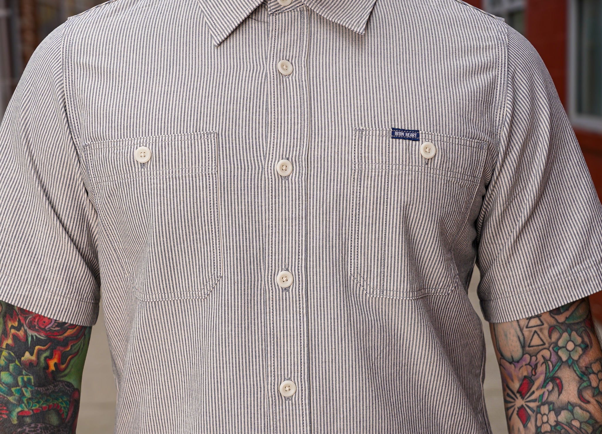 Iron Heart IHSH-420-HIC 5oz Selvedge Ox Cloth Short Sleeved Work Shirt - Hickory Stripe