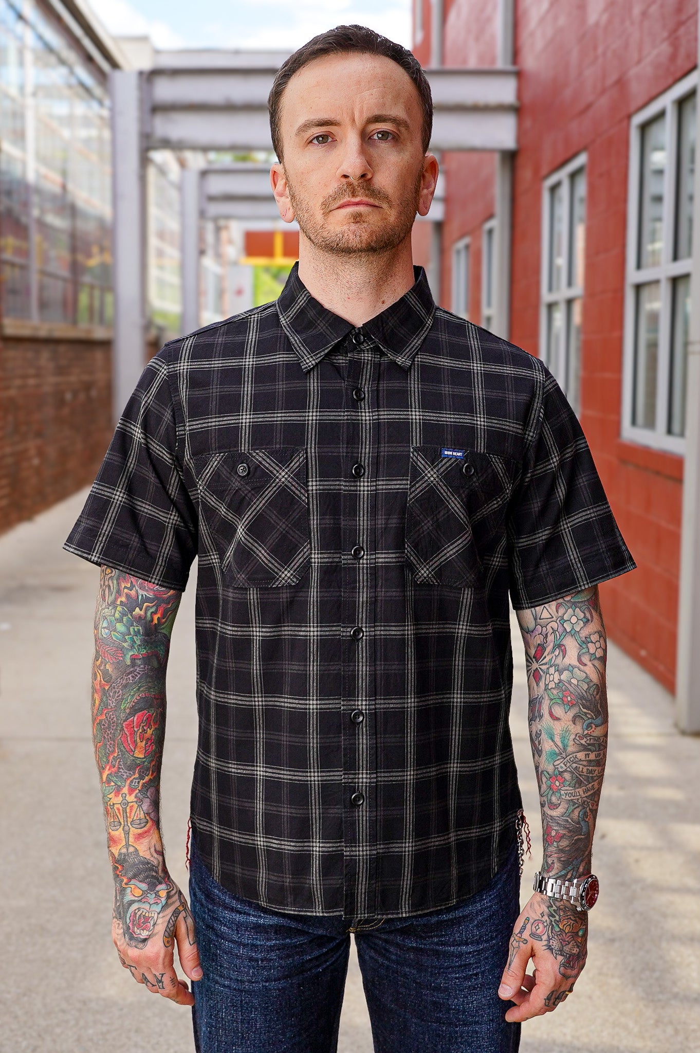 Iron Heart IHSH-419-BLK 5oz Selvedge Short Sleeved Madras Check Work Shirt - Black