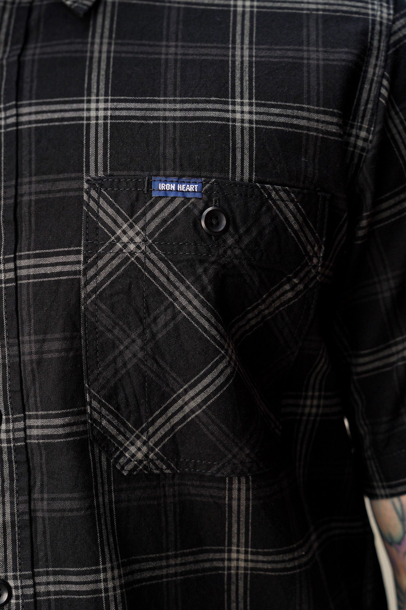 Iron Heart IHSH-419-BLK 5oz Selvedge Short Sleeved Madras Check Work Shirt - Black