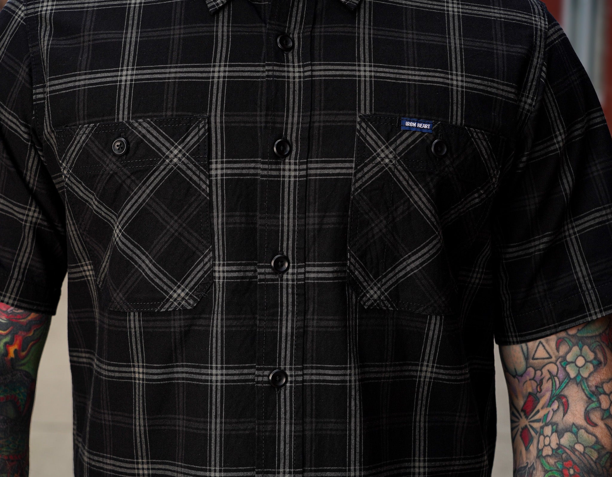 Iron Heart IHSH-419-BLK 5oz Selvedge Short Sleeved Madras Check Work Shirt - Black