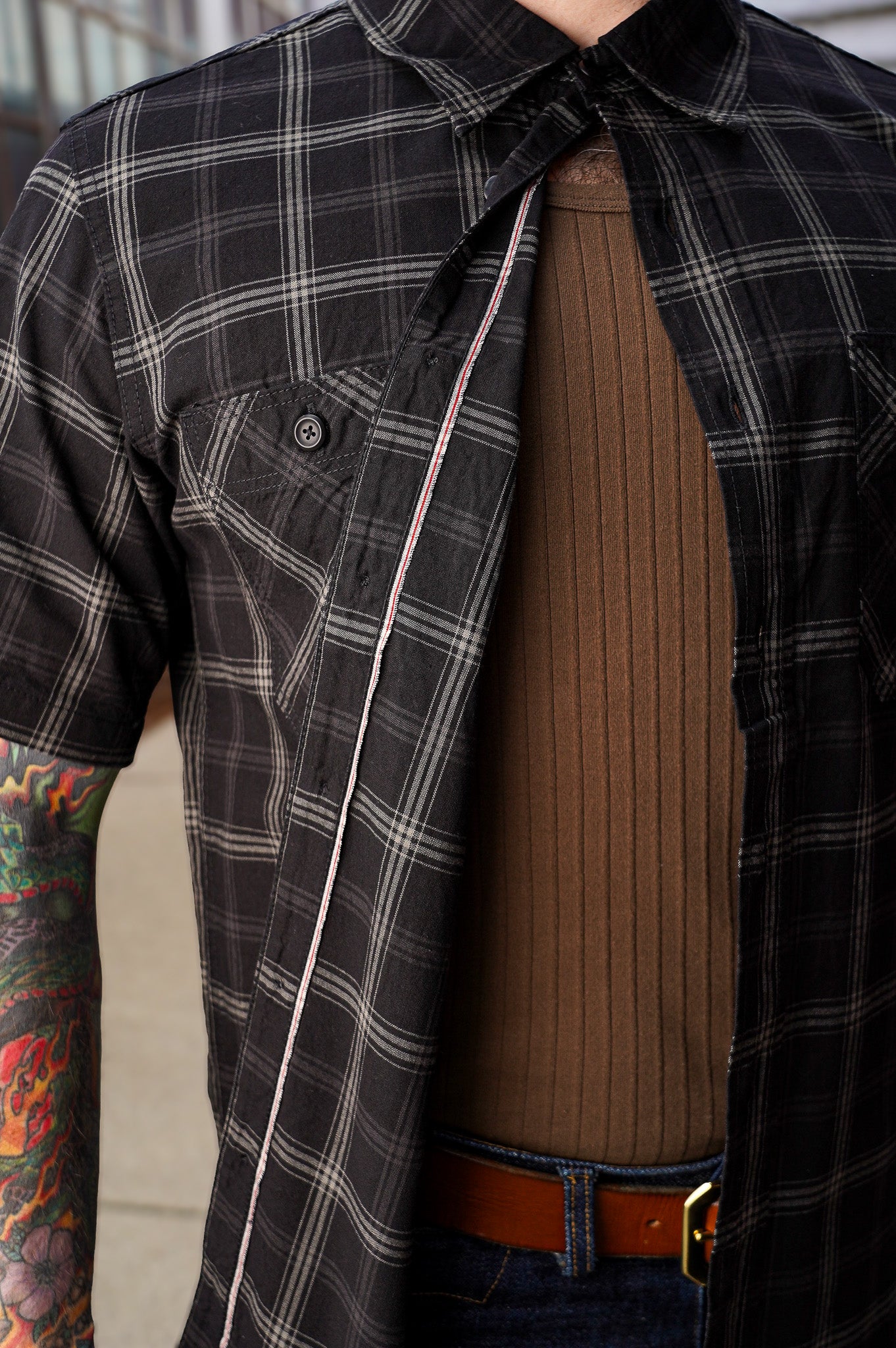 Iron Heart IHSH-419-BLK 5oz Selvedge Short Sleeved Madras Check Work Shirt - Black