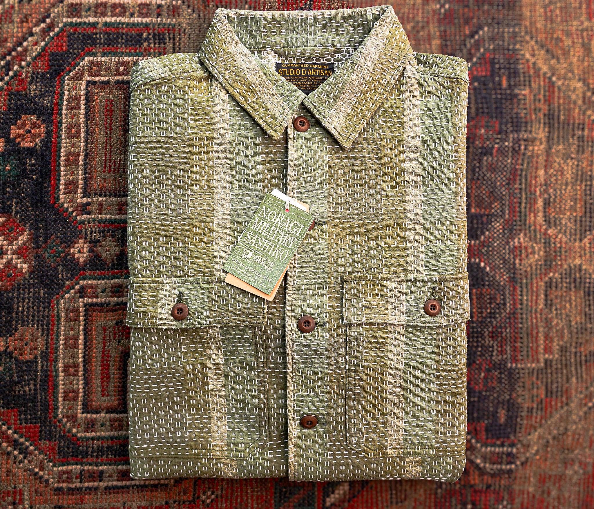 Studio D'Artisan 5719 Noragi Sashiko Short Sleeved Shirt - Army Green
