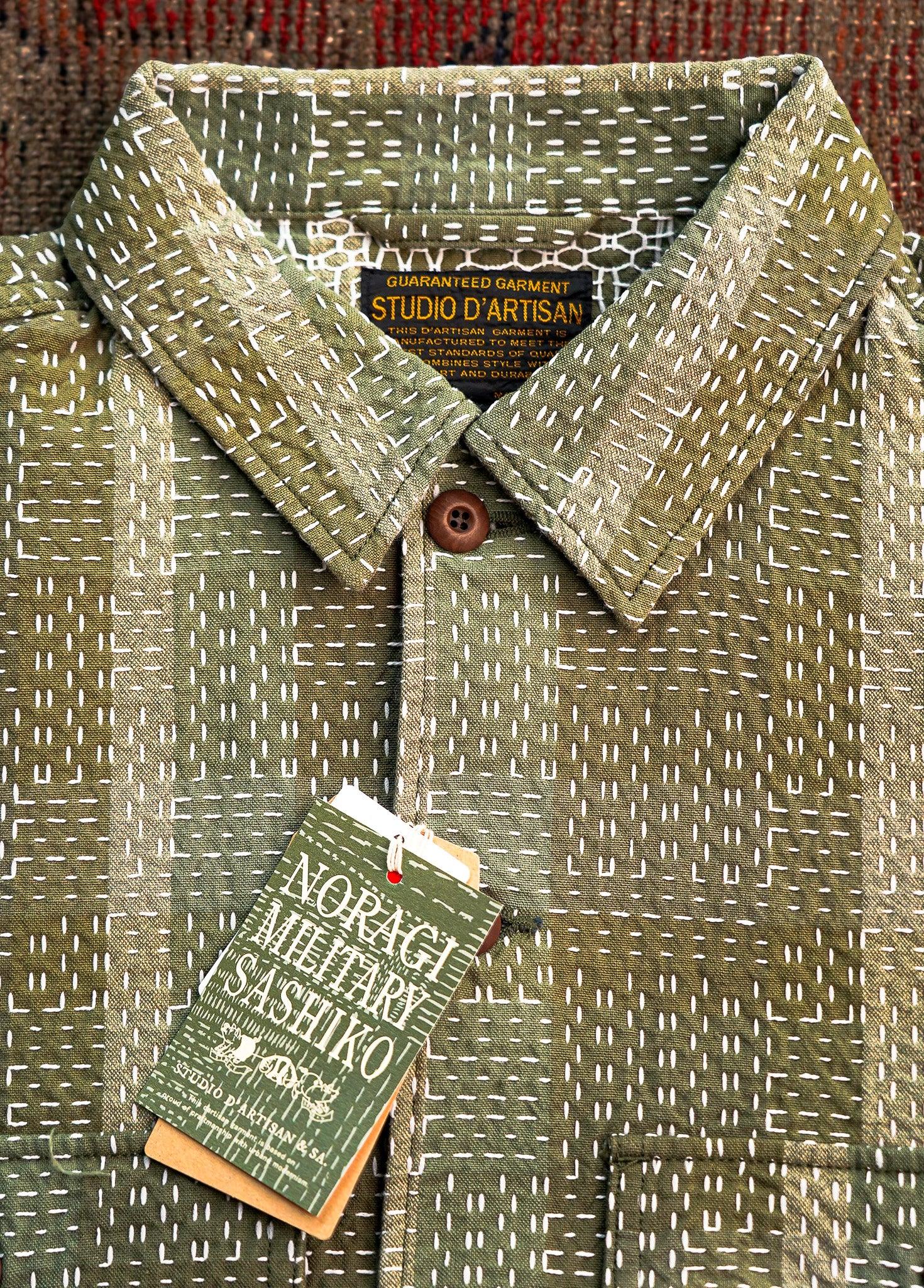 Studio D'Artisan 5719 Noragi Sashiko Short Sleeved Shirt - Army Green