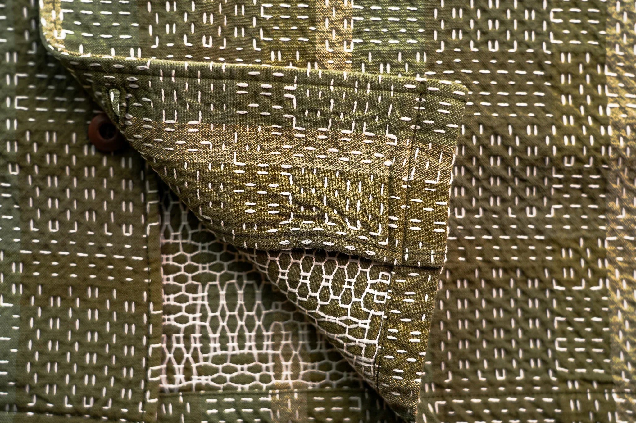 Studio D'Artisan 5719 Noragi Sashiko Short Sleeved Shirt - Army Green