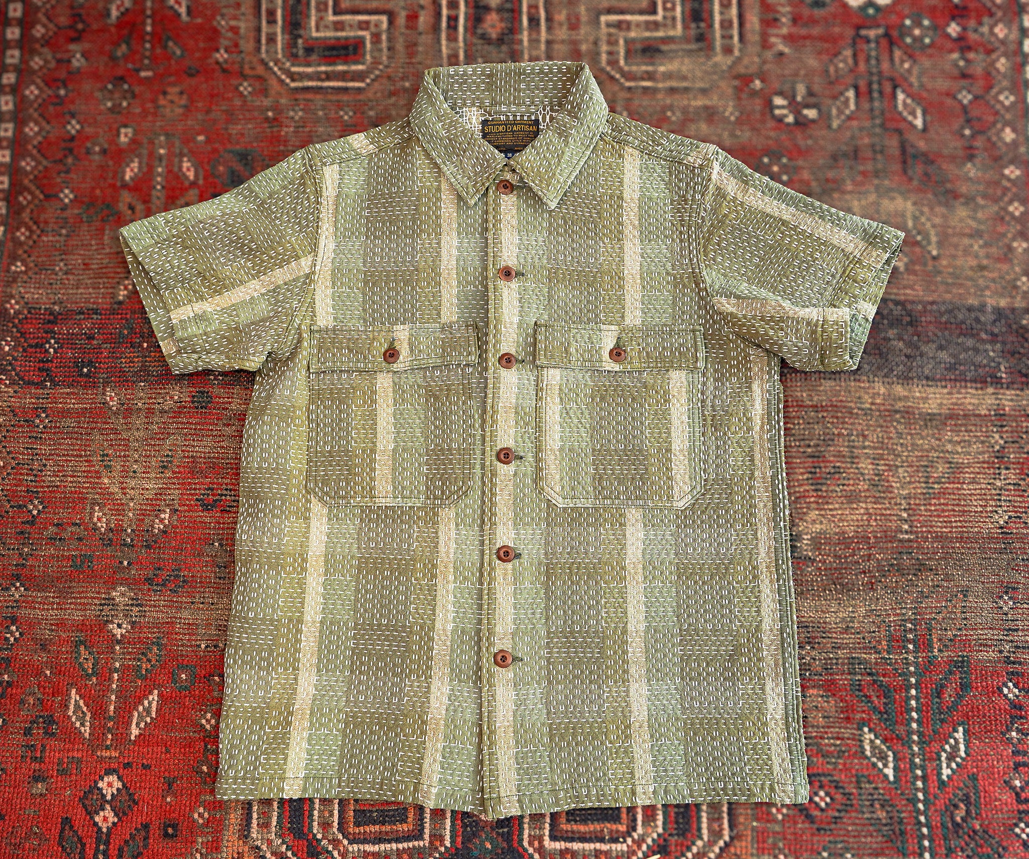 Studio D'Artisan 5719 Noragi Sashiko Short Sleeved Shirt - Army Green