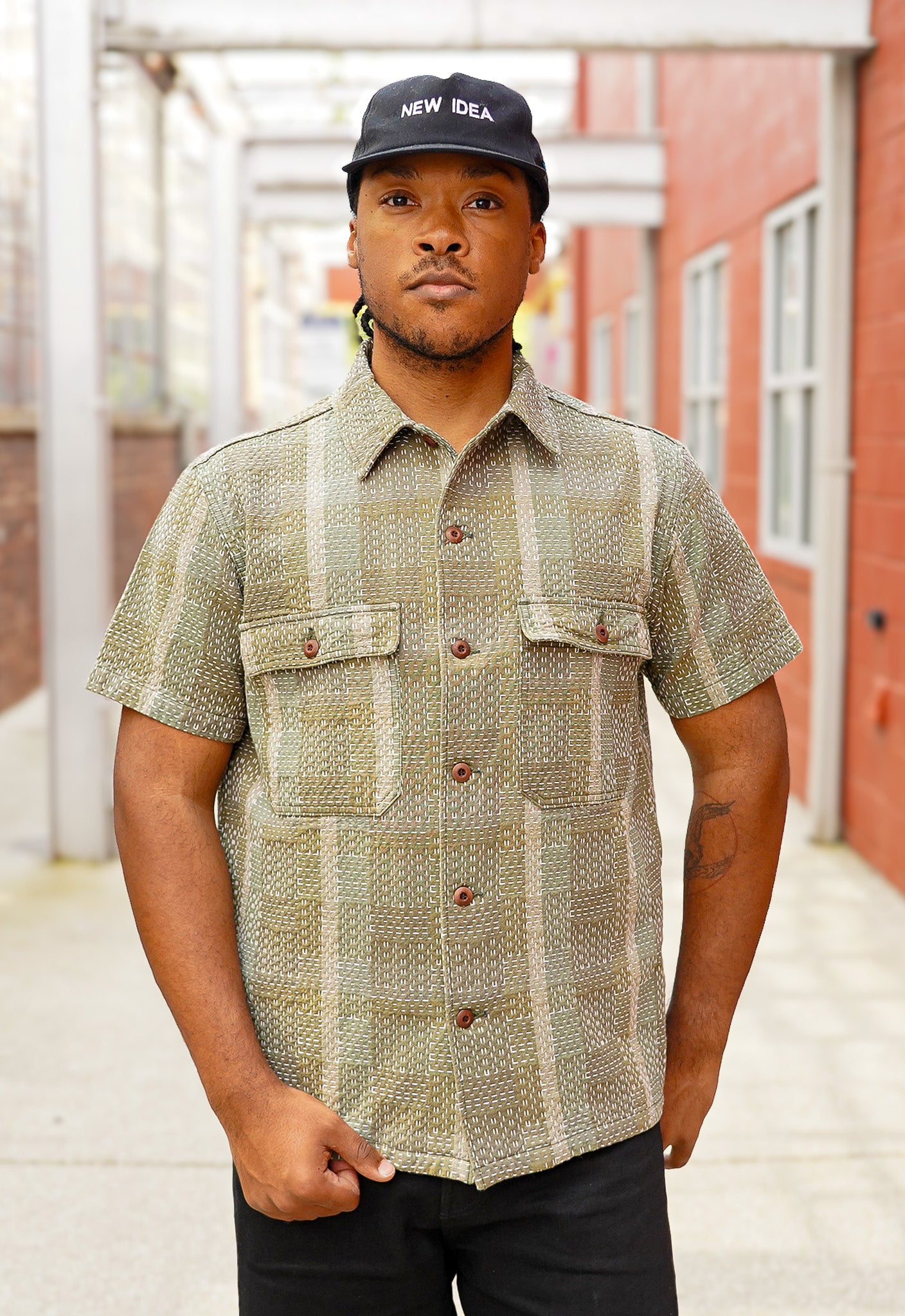 Studio D'Artisan 5719 Noragi Sashiko Short Sleeved Shirt - Army Green