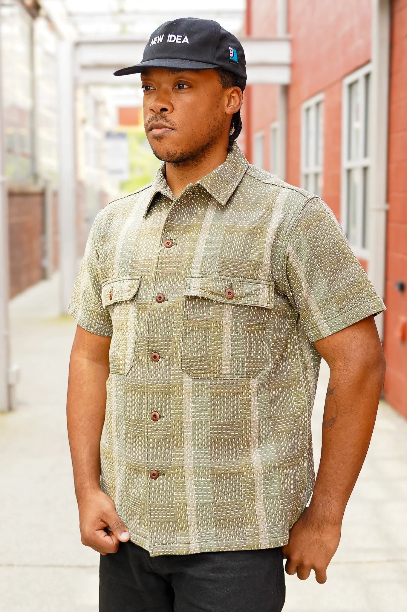 Studio D'Artisan 5719 Noragi Sashiko Short Sleeved Shirt - Army Green