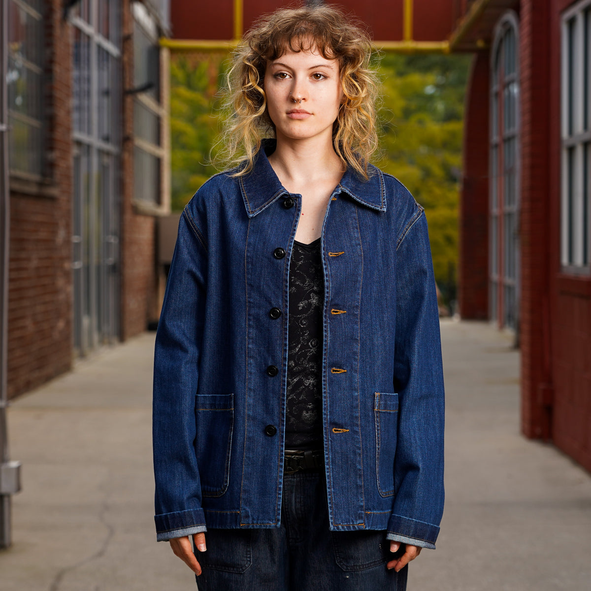 Merz b. Schwanen Cropped Worker's Denim Jacket - Indigo Mid Blue