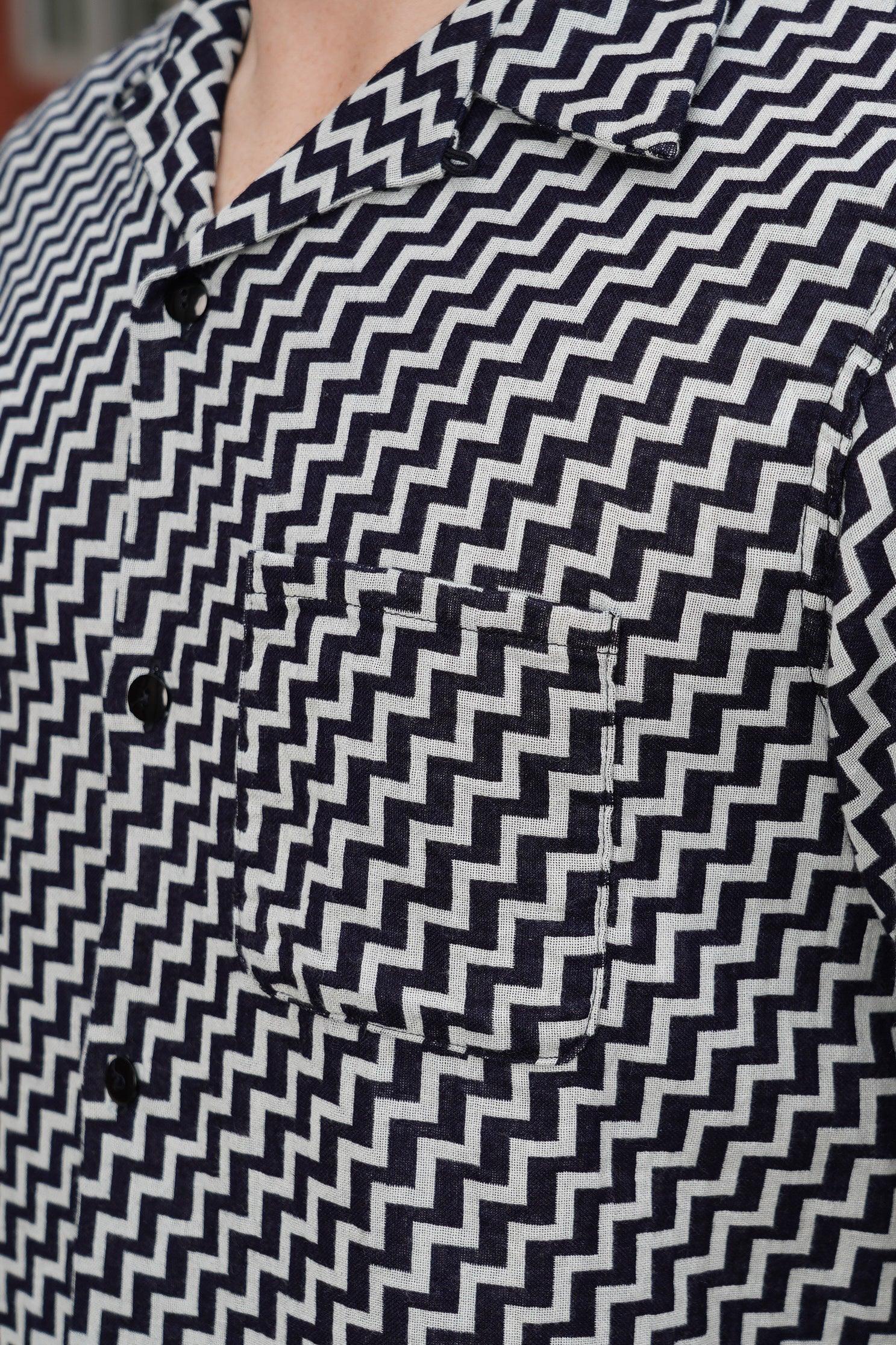 Pure Blue Japan Jacquard Open Collar Short Sleeve Shirt - Saw