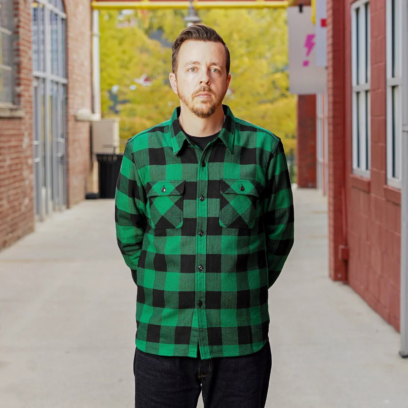 The Flat Head FN-SNR-101L Block Check Flannel Work Shirt - Green