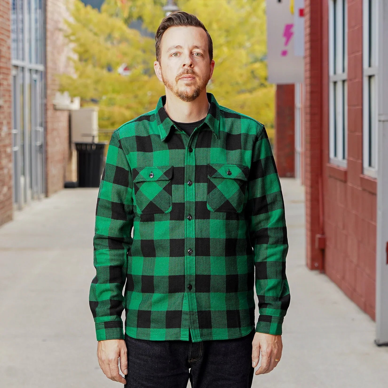 The Flat Head FN-SNR-101L Block Check Flannel Work Shirt - Green