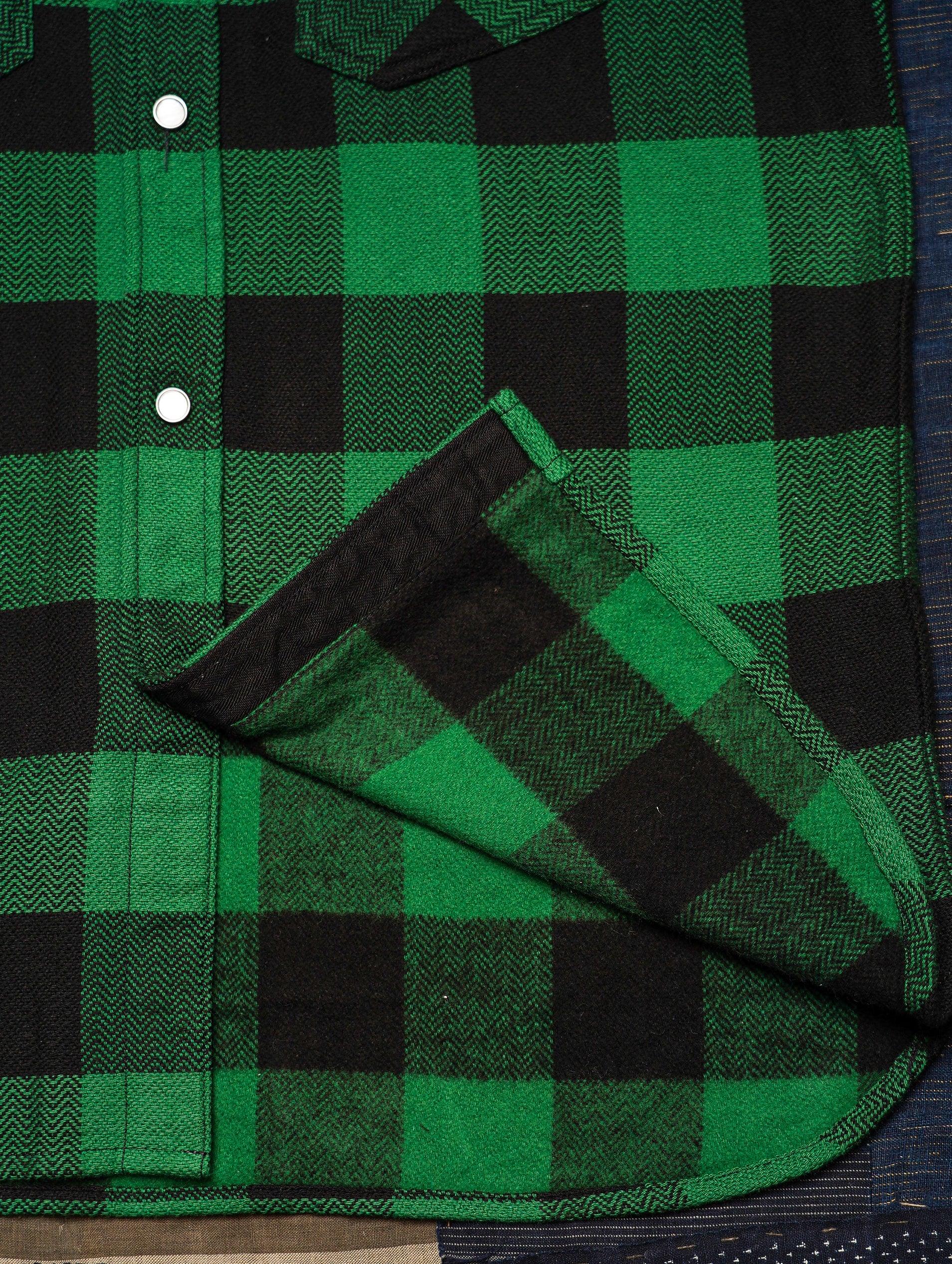 The Flat Head FN-SNW-101L Block Check Flannel Western Shirt - Green