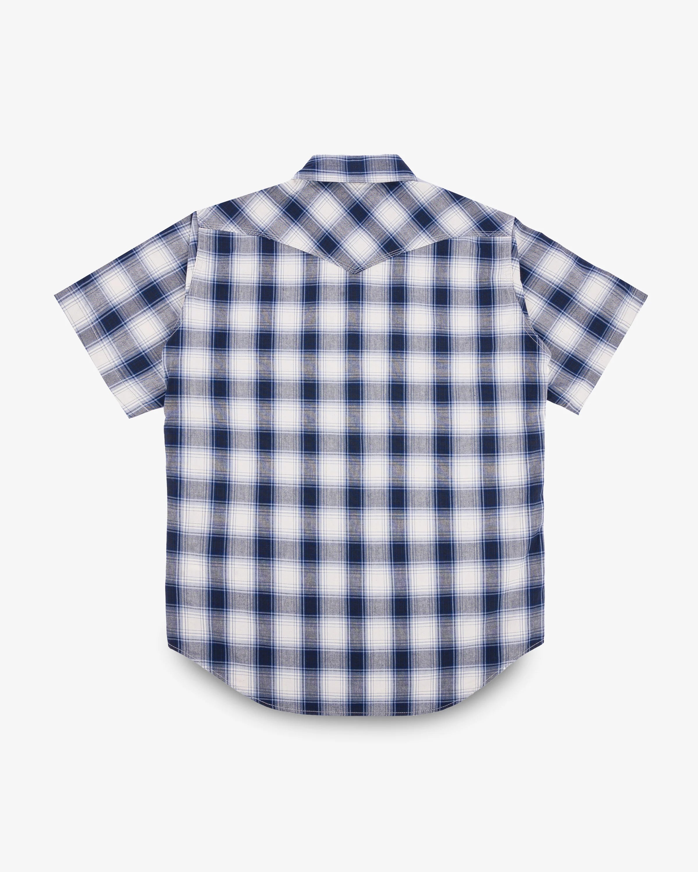 Iron Heart IHSH-418-BLU 5oz Selvedge Short Sleeved Madras Check Western Shirt - Blue