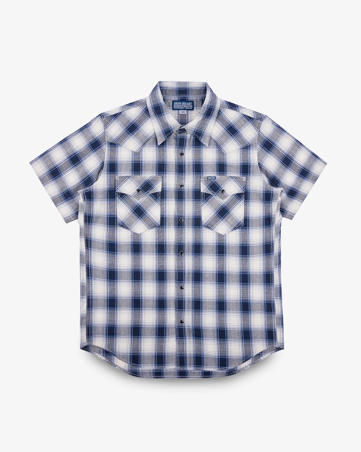 Iron Heart IHSH-418-BLU 5oz Selvedge Short Sleeved Madras Check Western Shirt - Blue