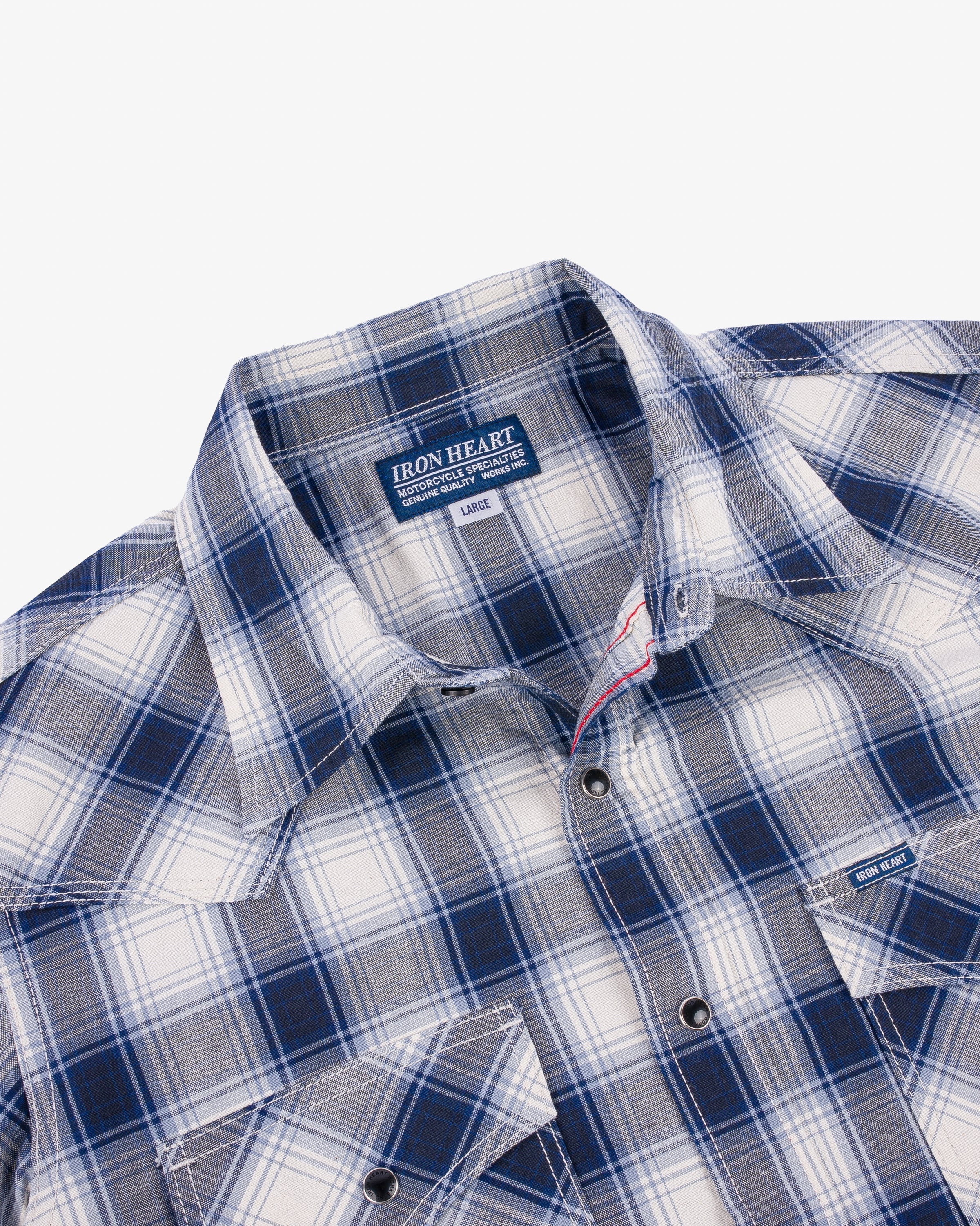 Iron Heart IHSH-418-BLU 5oz Selvedge Short Sleeved Madras Check Western Shirt - Blue
