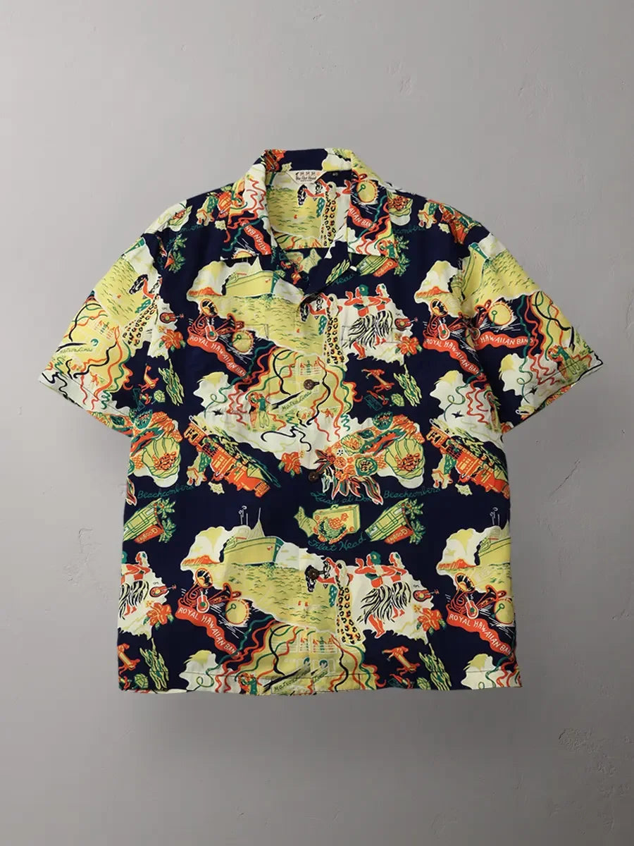 【エビス】THE FLAT HEAD HAWAIIAN SHIRT The Flat Head FN-SHO-010S Hawaiian Shirt Luxury Liner - Navy