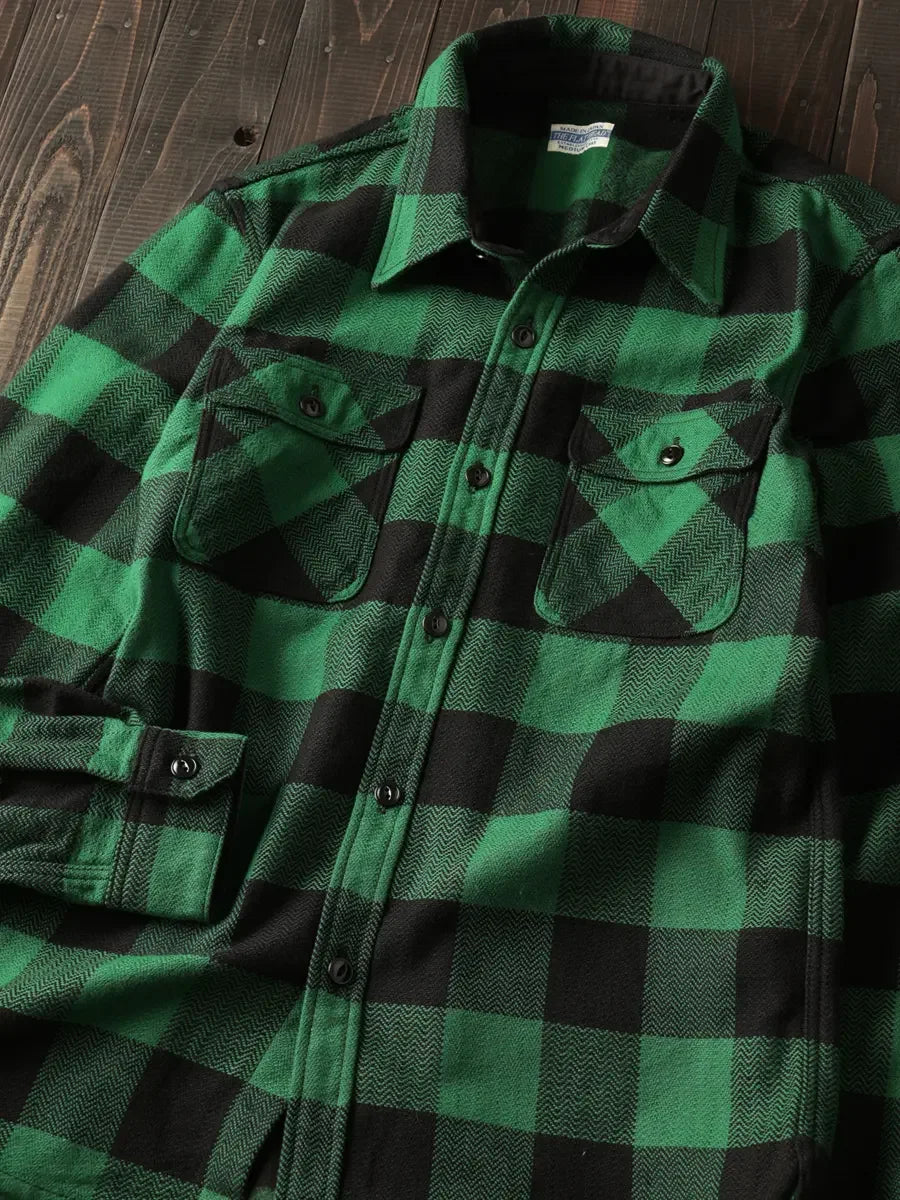 The Flat Head FN-SNR-101L Block Check Flannel Work Shirt - Green