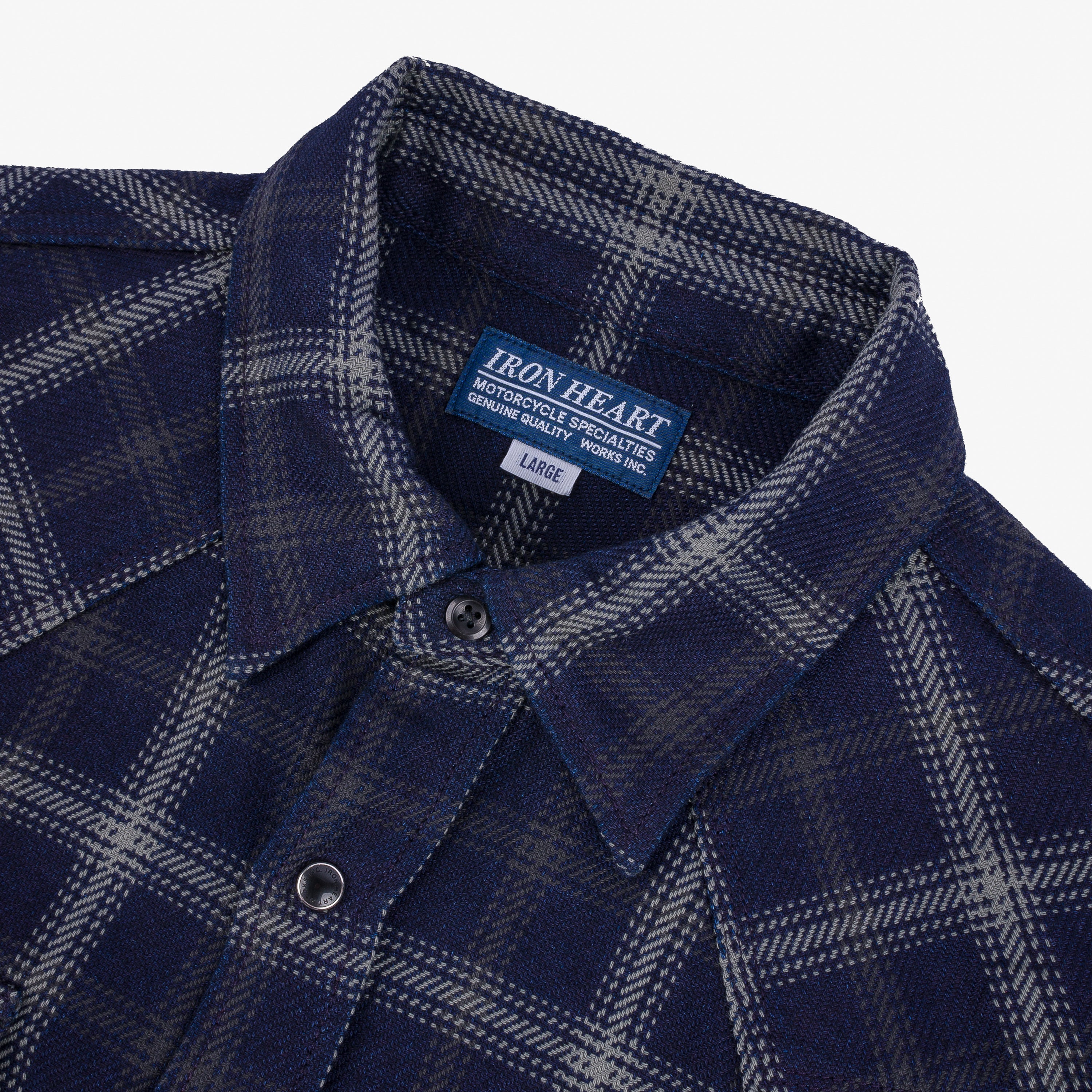 Iron Heart IHSH-411-BLK 9oz Selvedge Indigo Check Flannel Western Shirt - Black