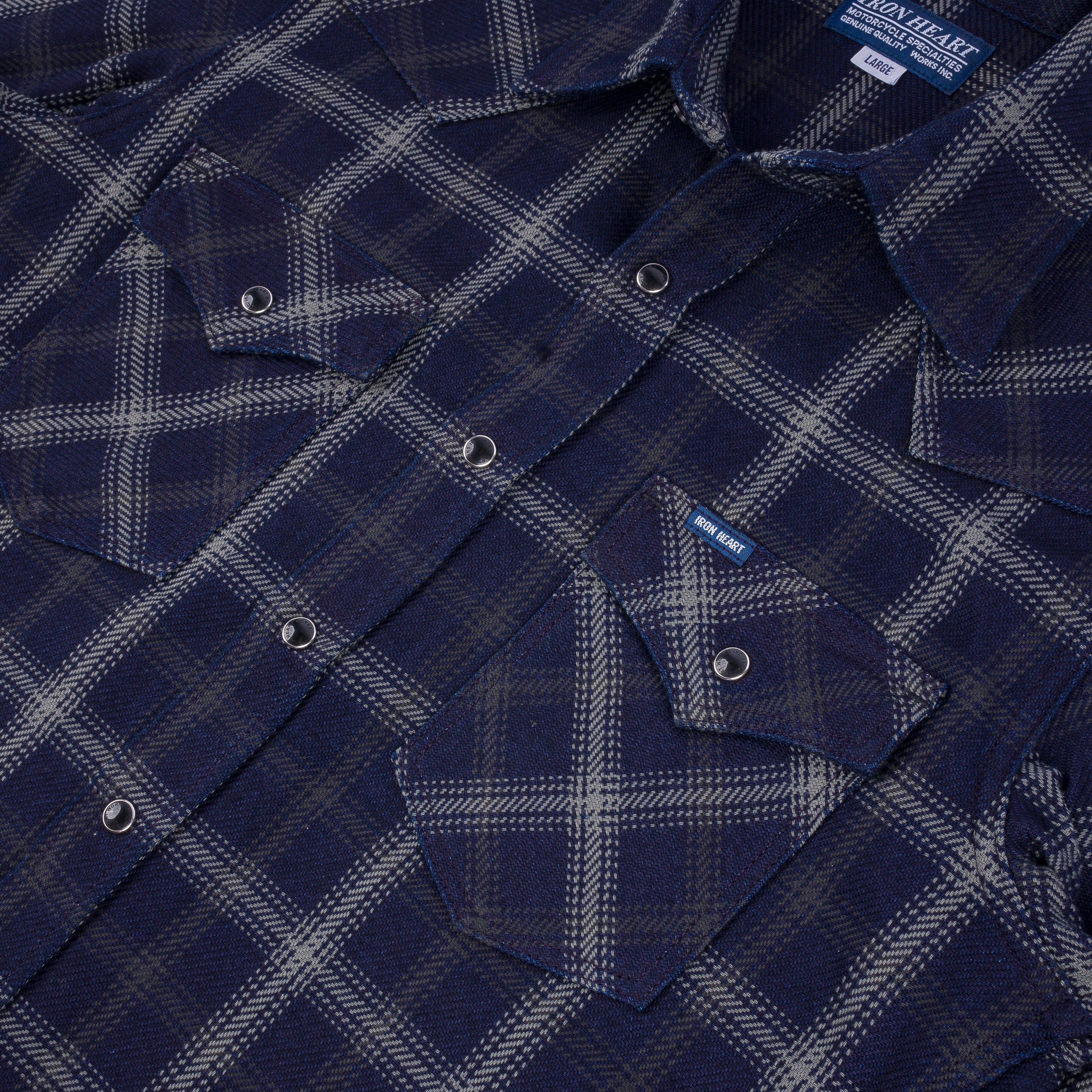 Iron Heart IHSH-411-BLK 9oz Selvedge Indigo Check Flannel Western Shirt - Black