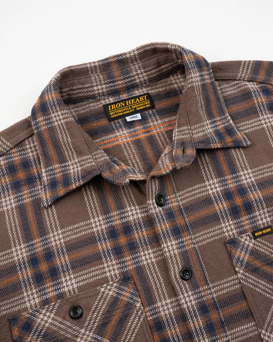Iron Heart IHSH-430-BRN Slubby Heavy Flannel Check Work Overshirt - Brown