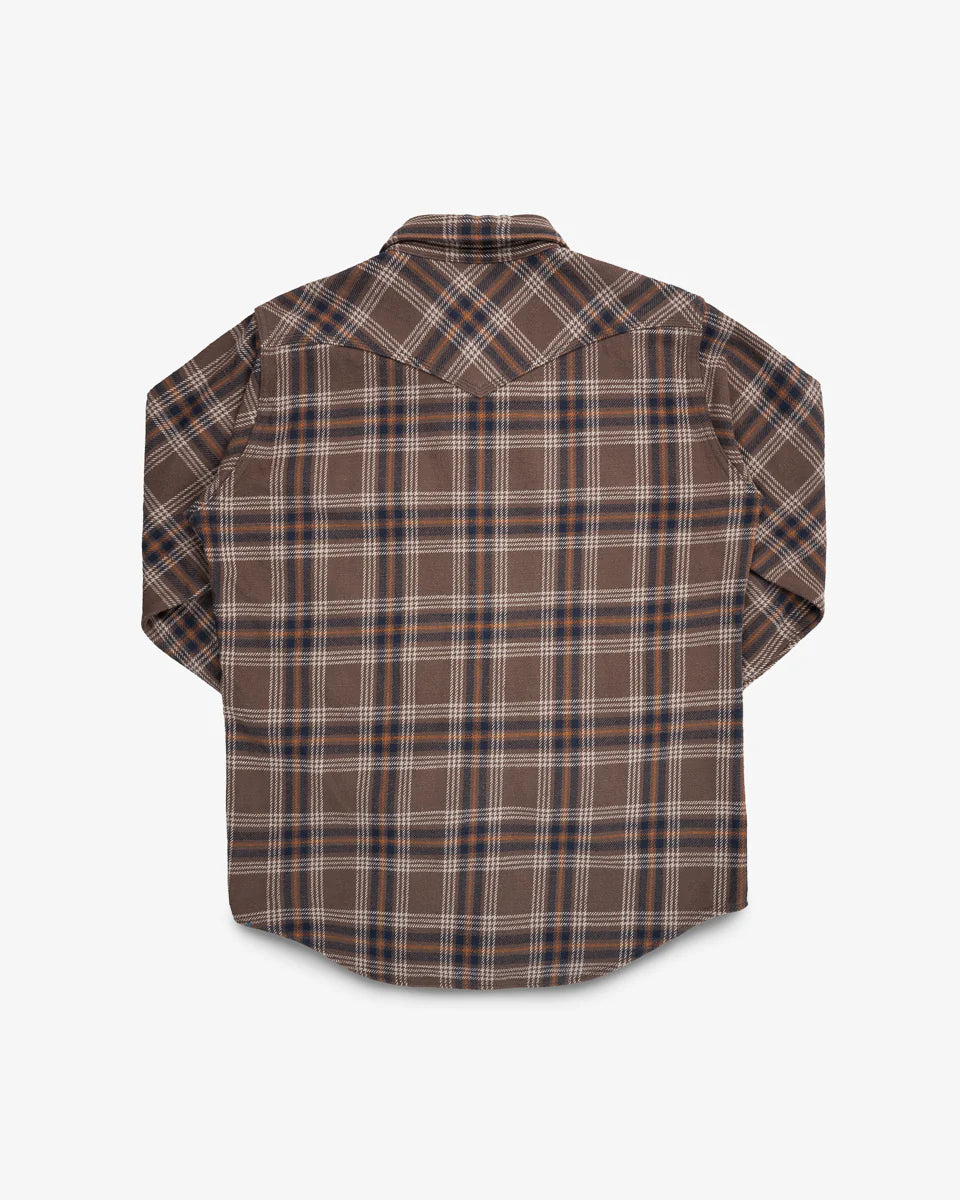 Iron Heart IHSH-431-BRN Slubby Heavy Flannel Check Western Shirt - Brown