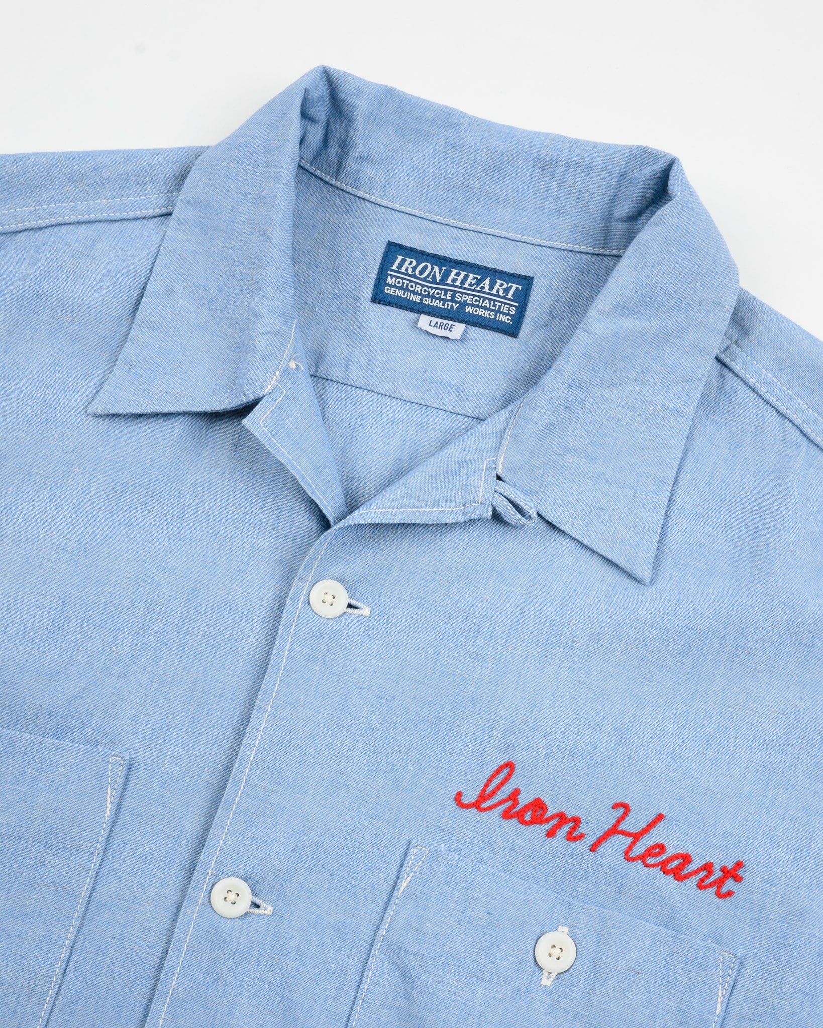 Iron Heart IHSH-447-SAX 5oz Cotton Linen Open Collar Short Sleeve Shirt - Sax Blue